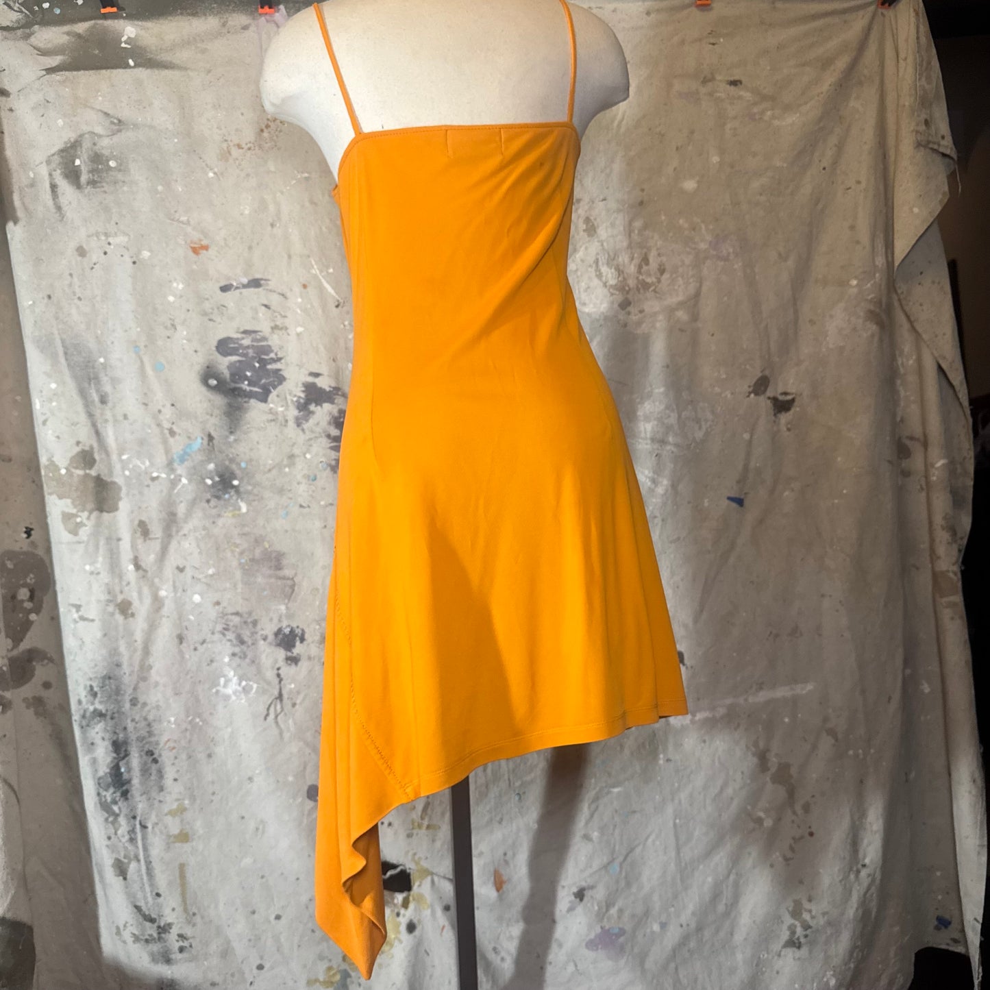 VERSACE 1996 ORANGE SPAGHETTI STRAP ASYMMETRICAL DRESS