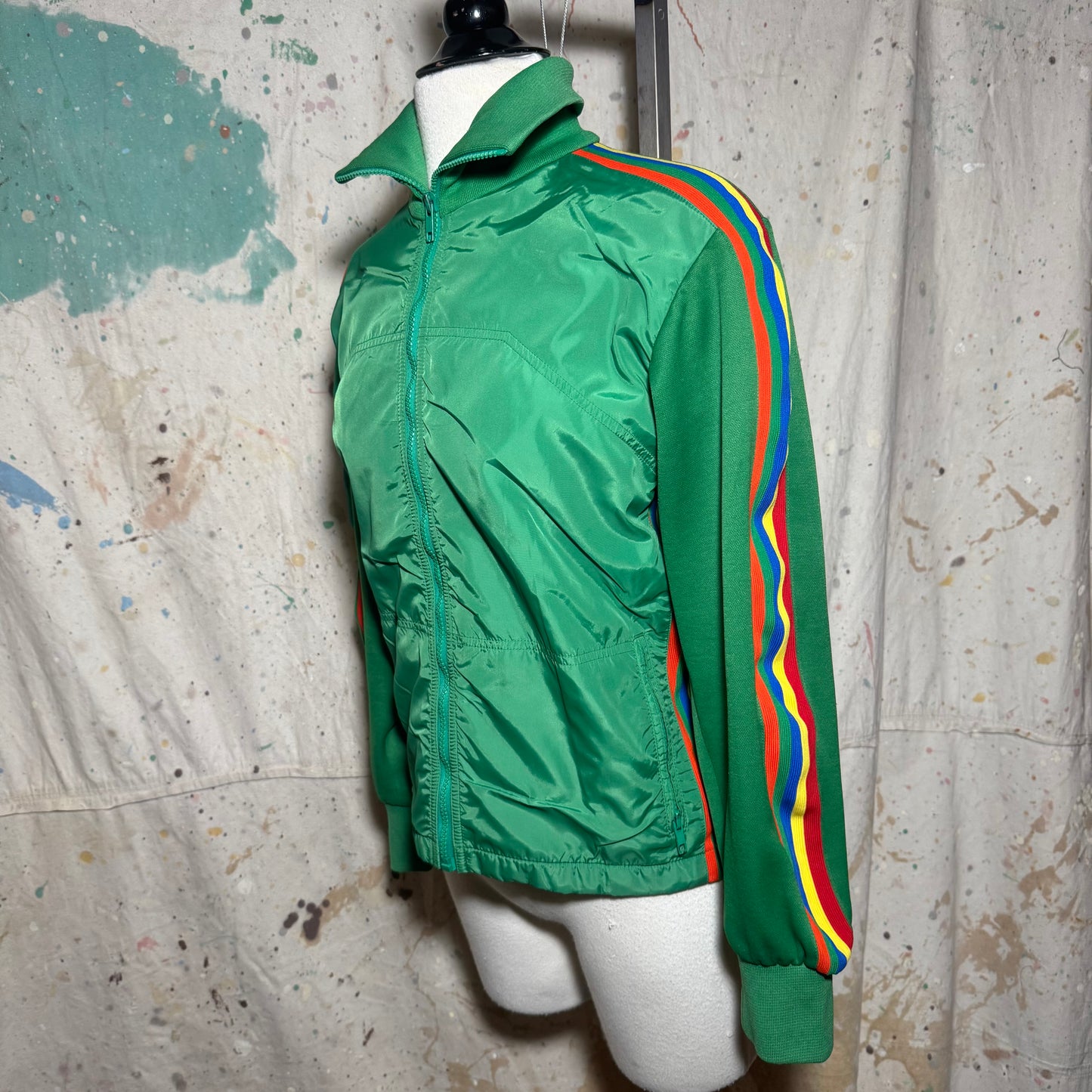 70s TOPHER MONTREAL RAINBOW STRIPE GREEN ZIP SKI TRACK JACKET