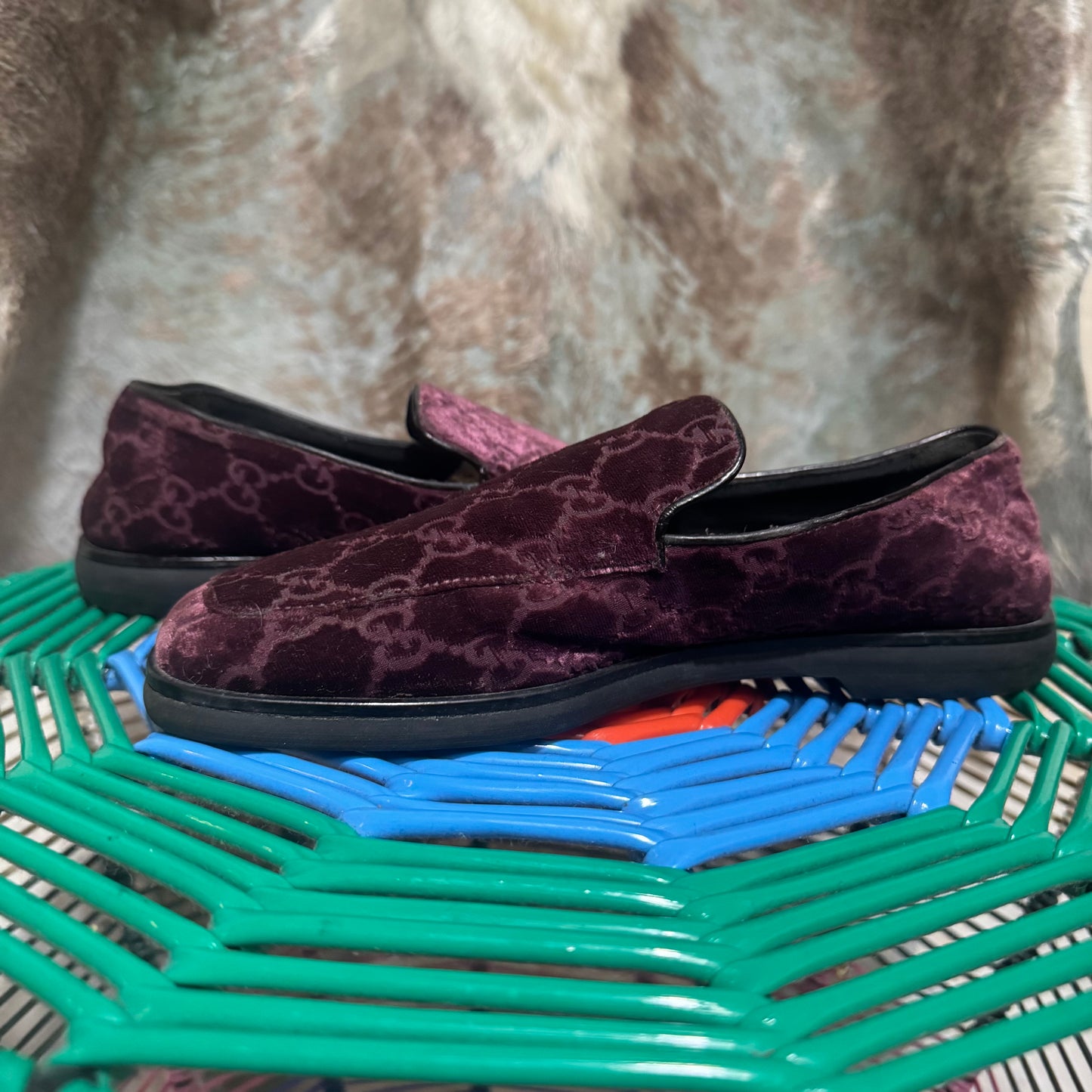 GUCCI PURPLE VELVET MONOGRAM LOGO LOAFERS 5