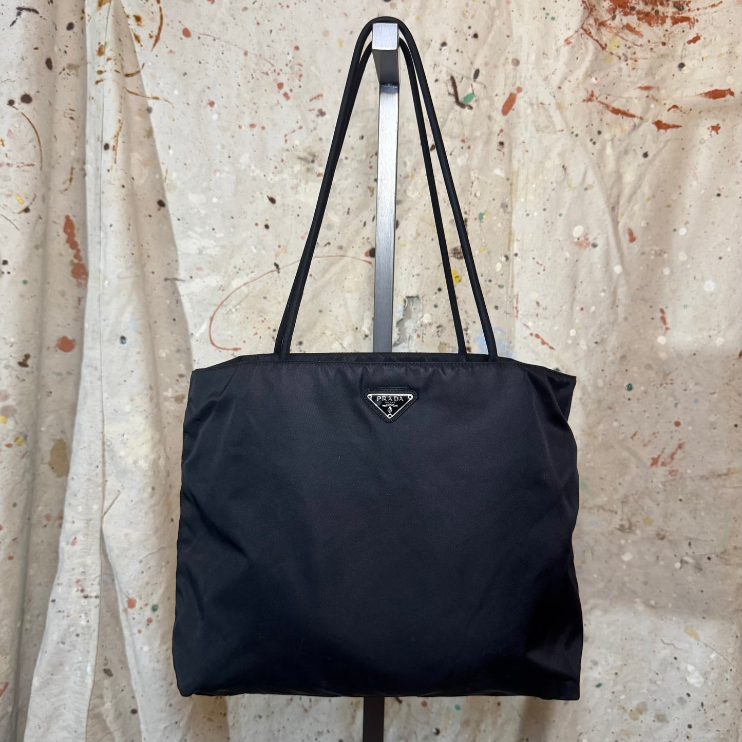 PRADA BLACK NYLON TRIANGLE LOGO TESSUTO CORD TOTE BAG