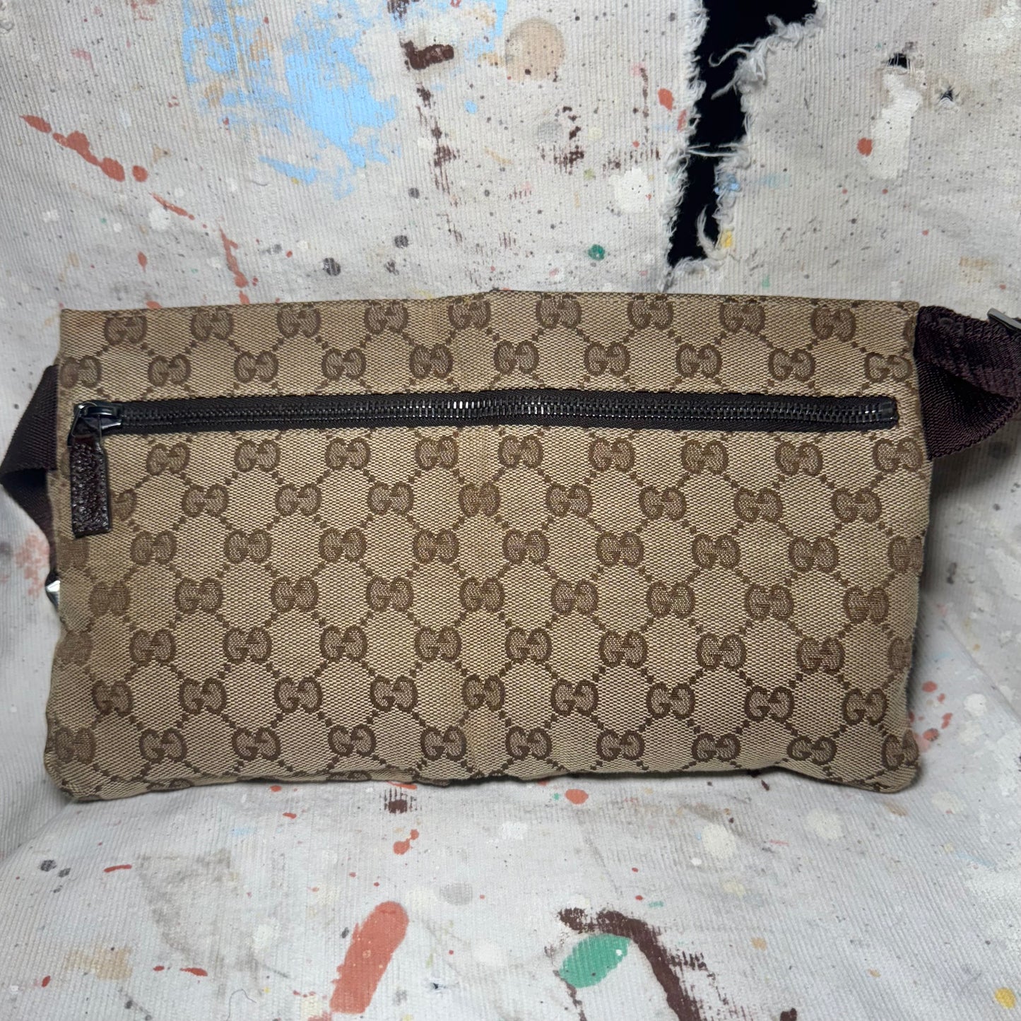 GUCCI BROWN GG MONOGRAM DOUBLE POCKET CANVAS BELT BAG