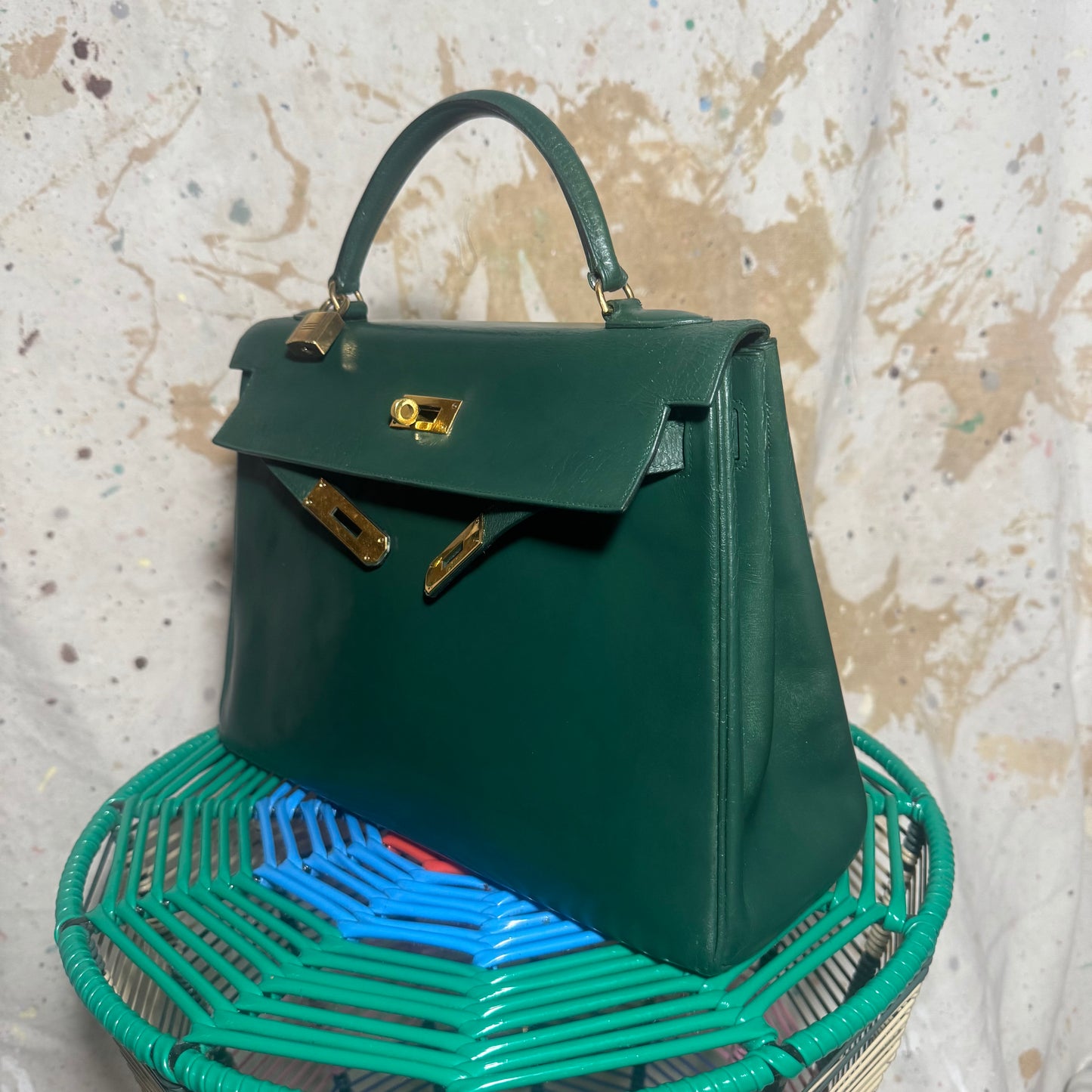 1960s / 1970s HERMES BOX SELLIER KELLY 32 VERT GREEN HANDBAG