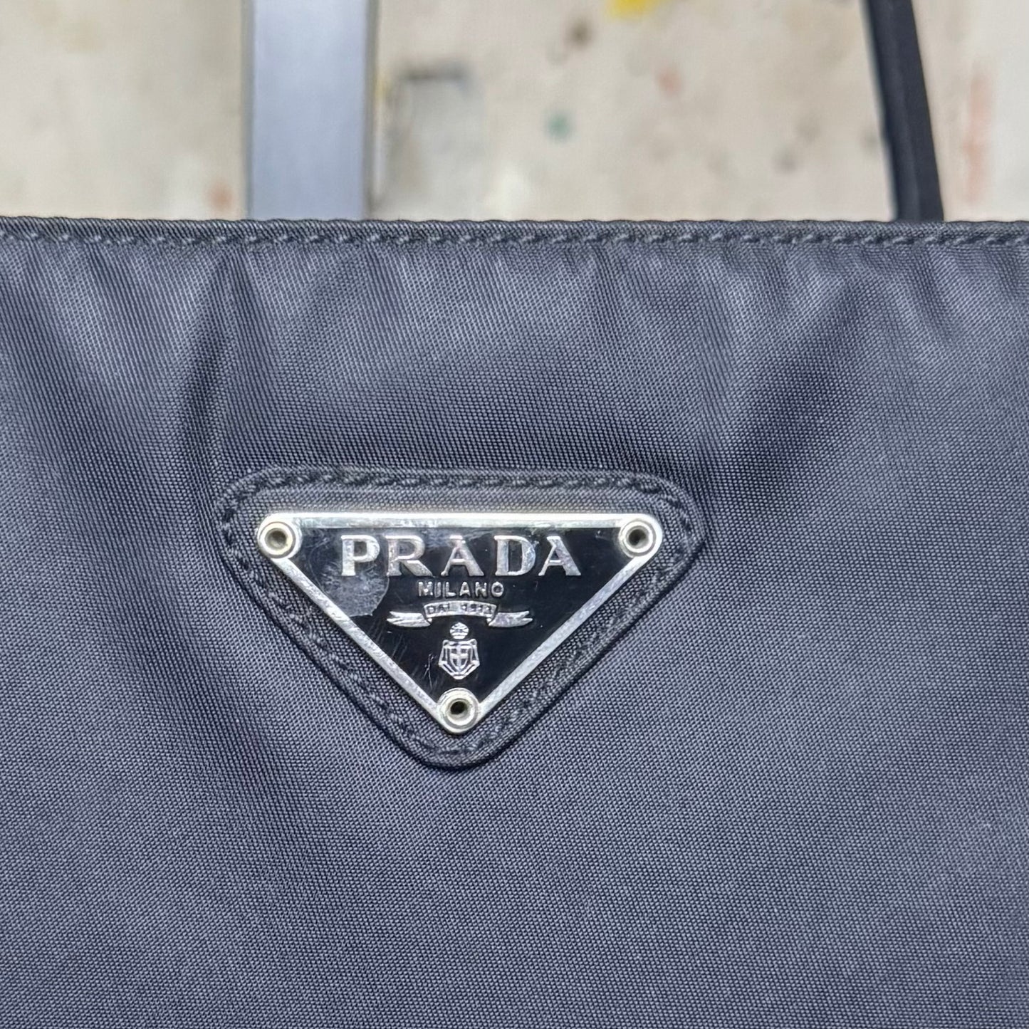 PRADA BLACK NYLON TRIANGLE LOGO TESSUTO CORD TOTE BAG