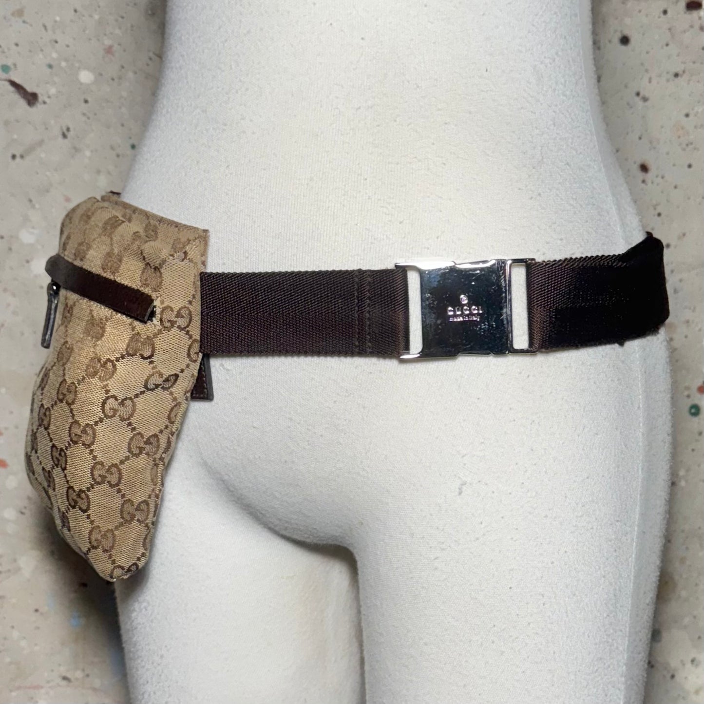 GUCCI BROWN GG MONOGRAM DOUBLE POCKET CANVAS BELT BAG