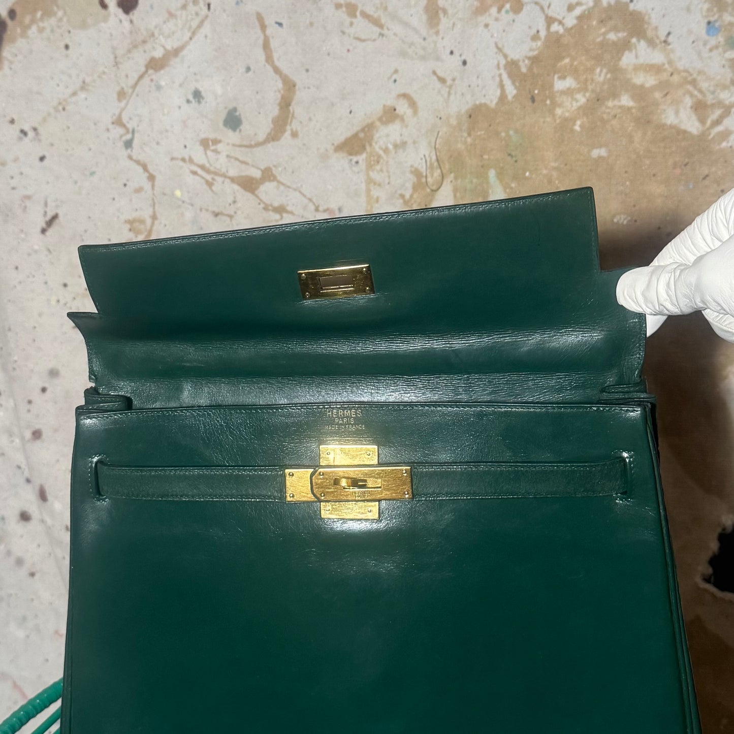 1960s / 1970s HERMES BOX SELLIER KELLY 32 VERT GREEN HANDBAG