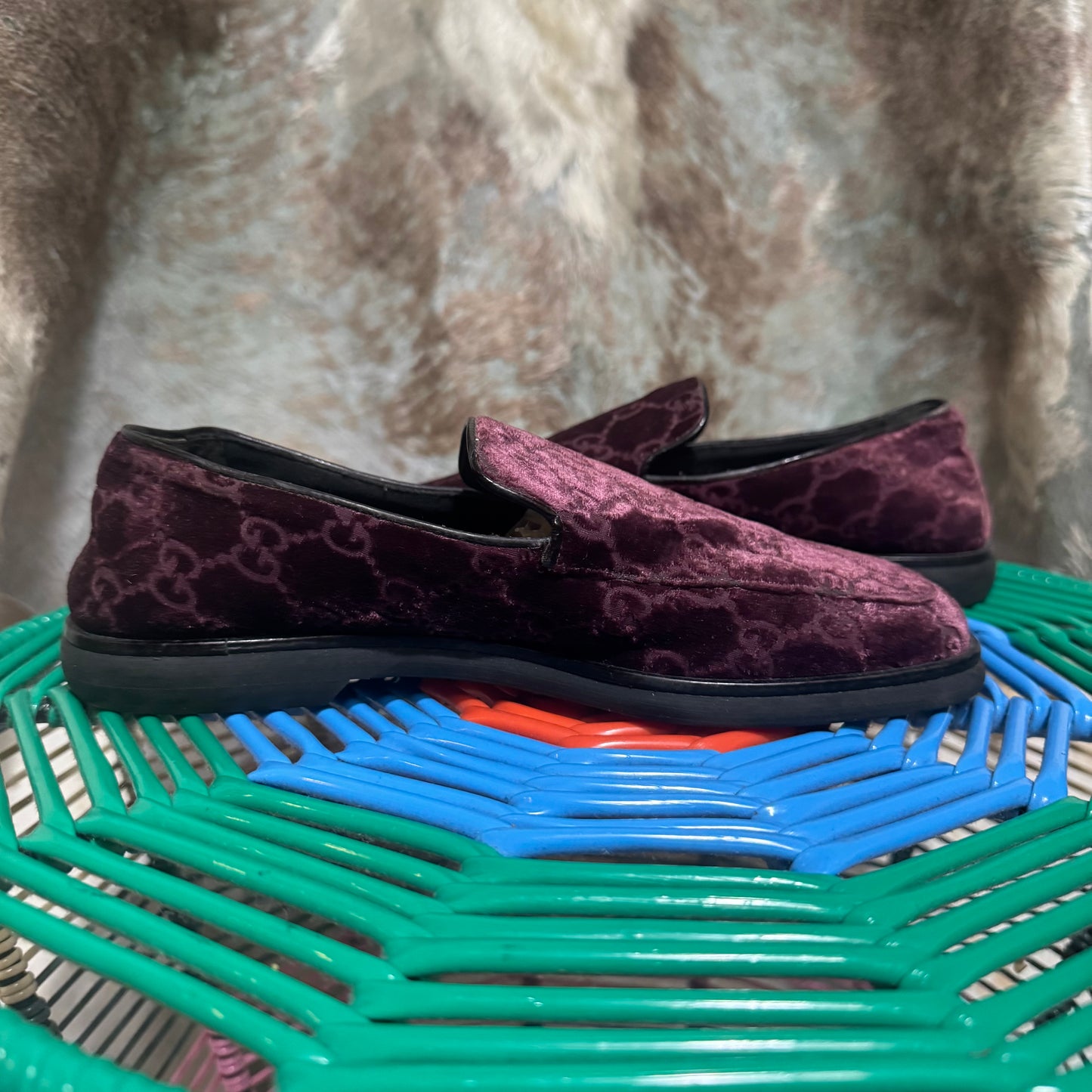 GUCCI PURPLE VELVET MONOGRAM LOGO LOAFERS 5