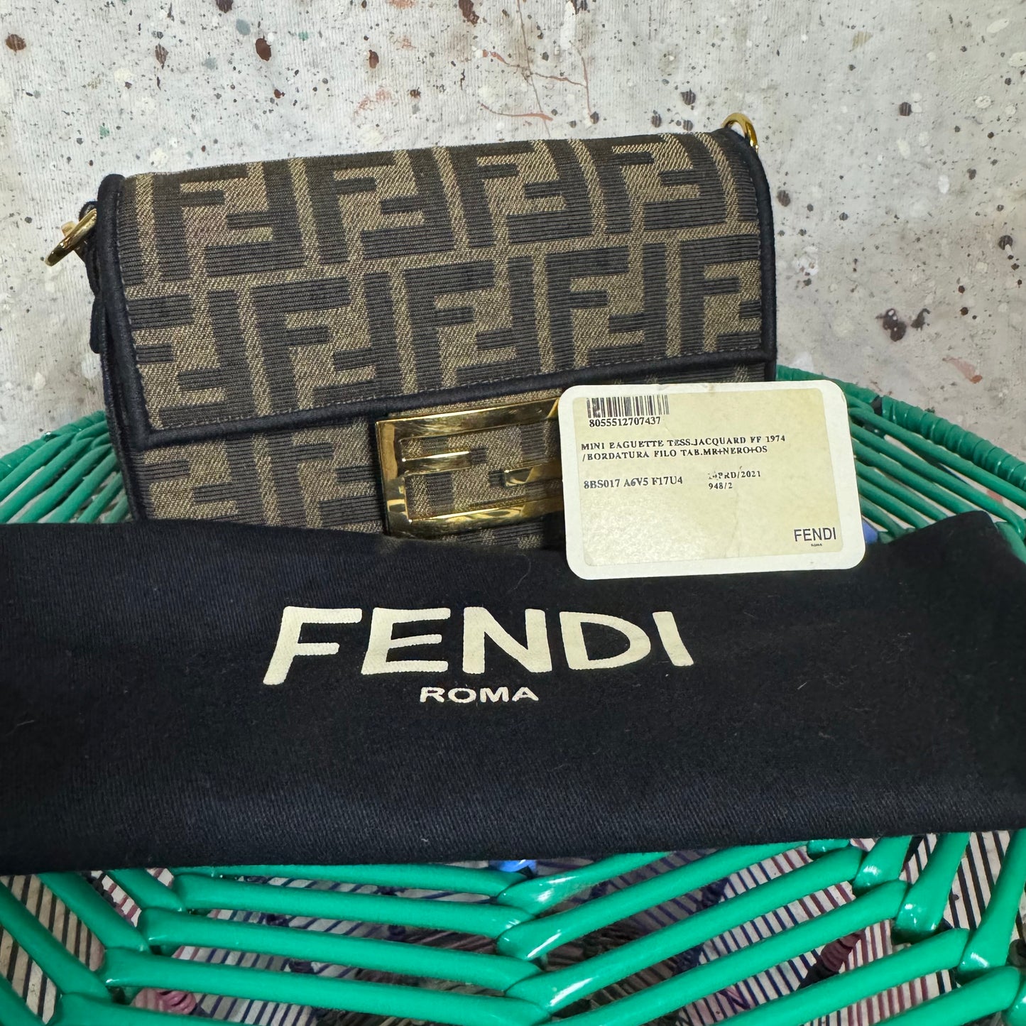 FENDI MINI BROWN FF MONOGRAM JACQUARD BAGUETTE
