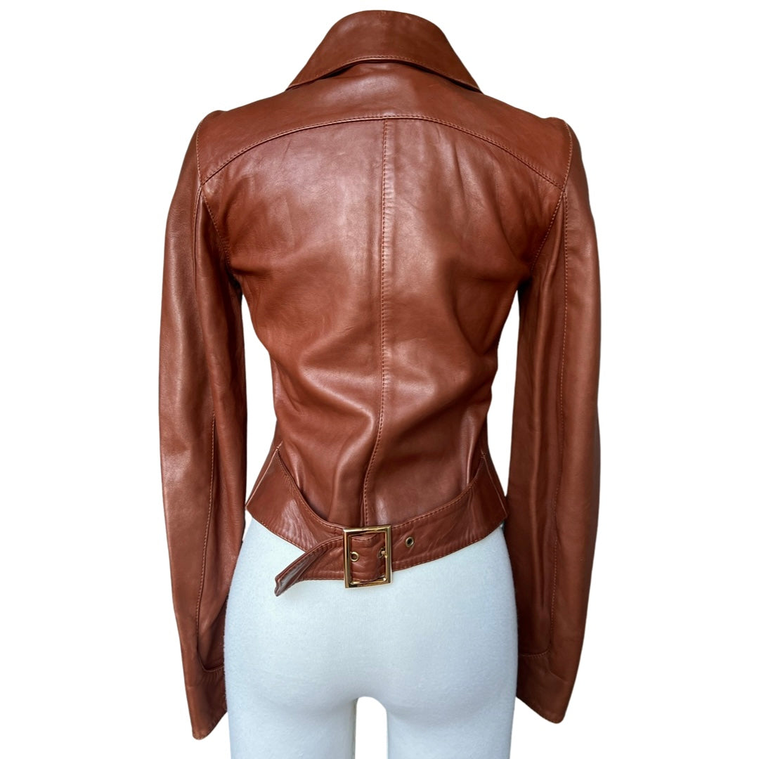 DOLCE & GABBANA BROWN BACK BUCKLE LEATHER JACKET