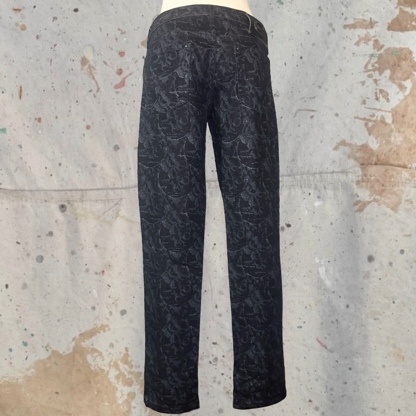 ROBERTO CAVALLI JUST CAVALLI BLACK GLITTER GRAPE ALL OVER PRINTED JEANS