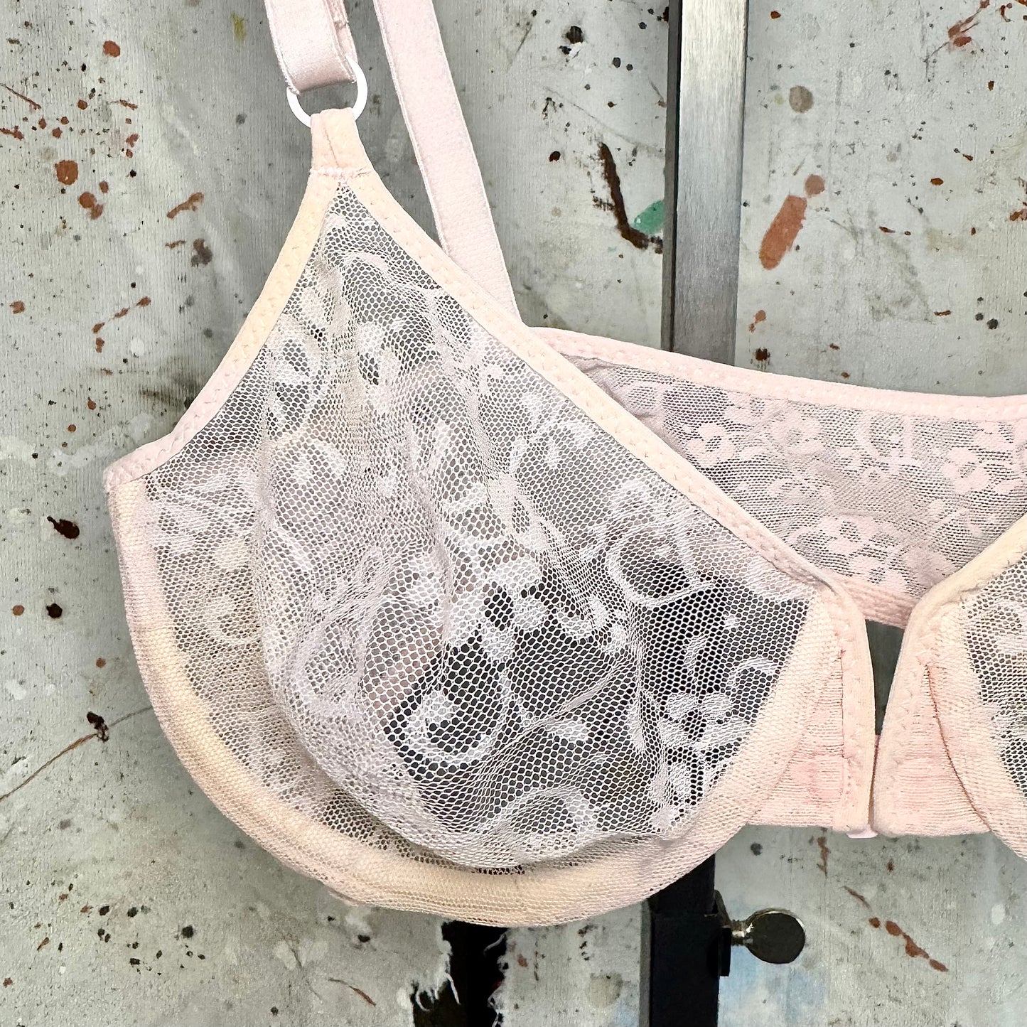 1980s CHRISTIAN DIOR INTIMATES PINK MESH LOGO FLORAL BRA DEADSTOCK