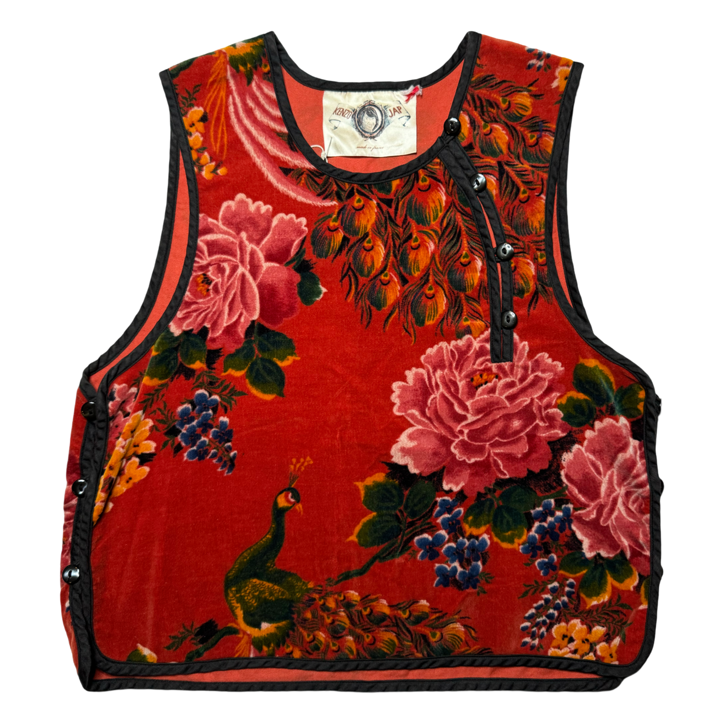 1970s KENZO JAP PEACOCK FLORAL VELVET BUTTON TOP