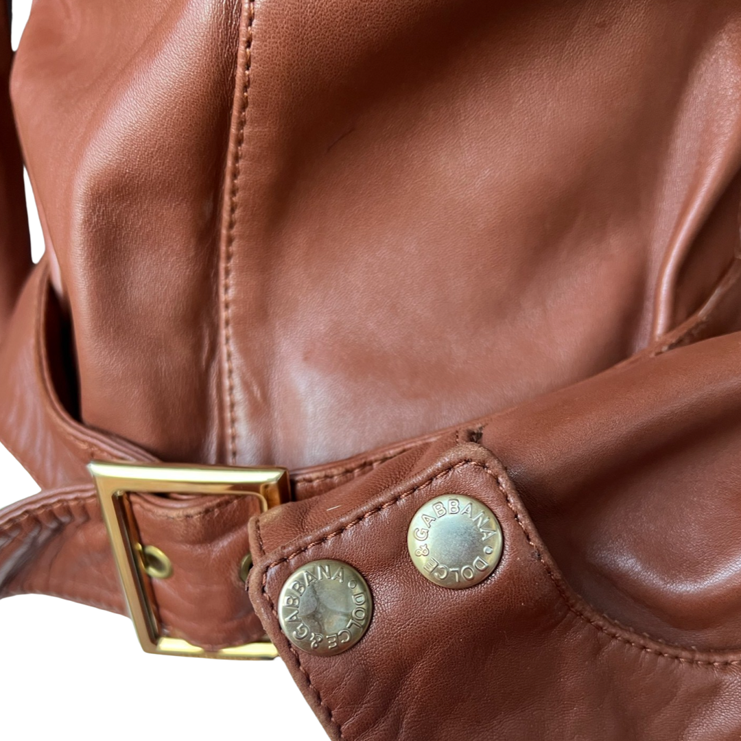 DOLCE & GABBANA BROWN BACK BUCKLE LEATHER JACKET