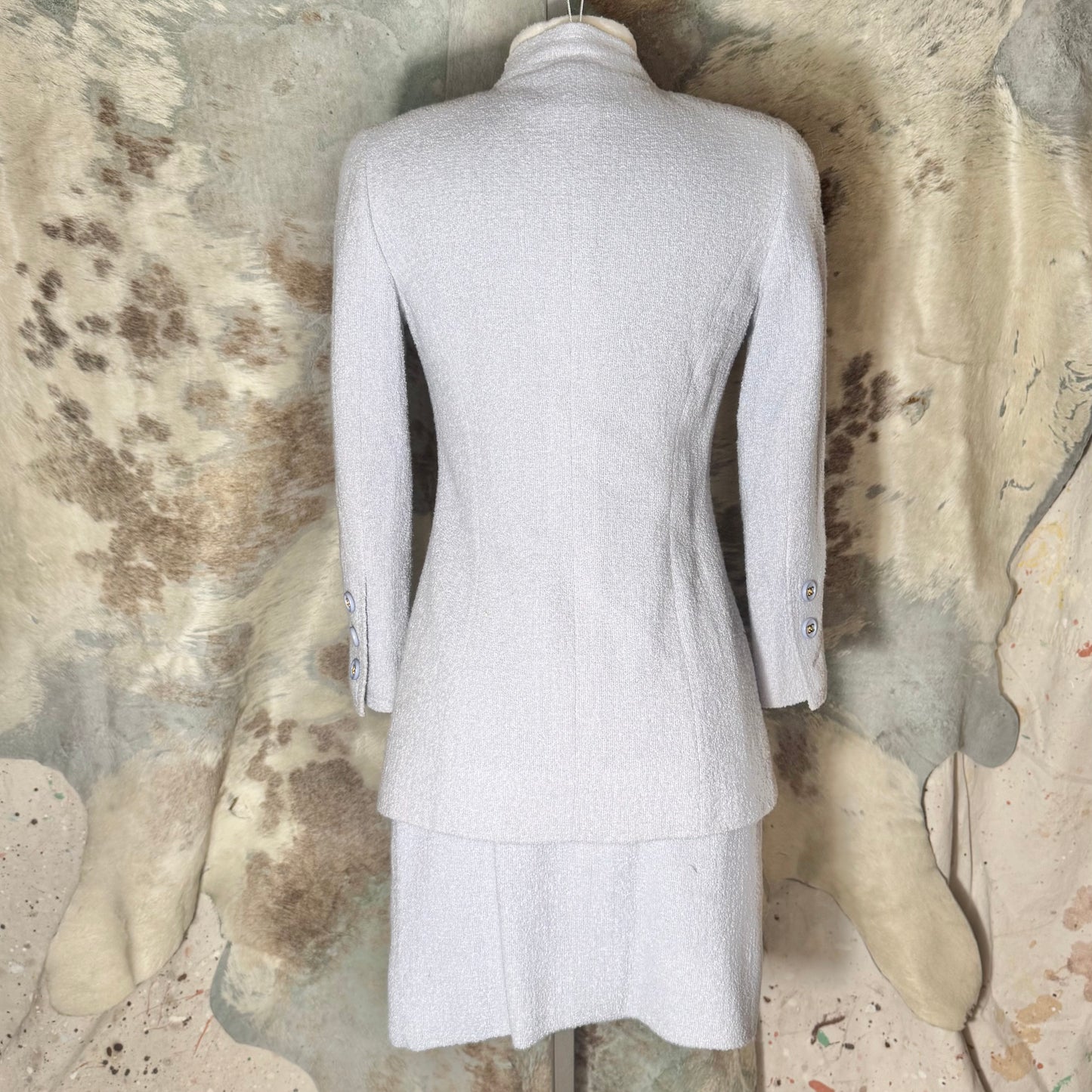 CHANEL 1997 BABY BLUE BOUCLE WOOL SKIRT AND JACKET SUIT