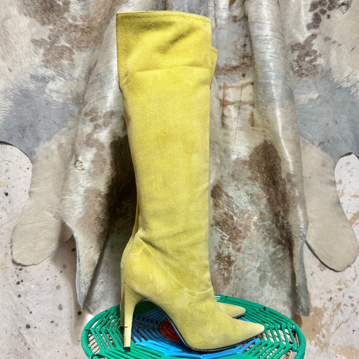 EMILIO PUCCI GREEN SUEDE FOLD OVER GEOMETRIC PRINT STILETTO BOOTS 39.5