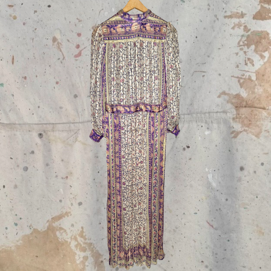 1970s RARE RAKSHA OF HINDIP LONDON SILK PESANT INDIAN PRINTED PURPLE DRESS
