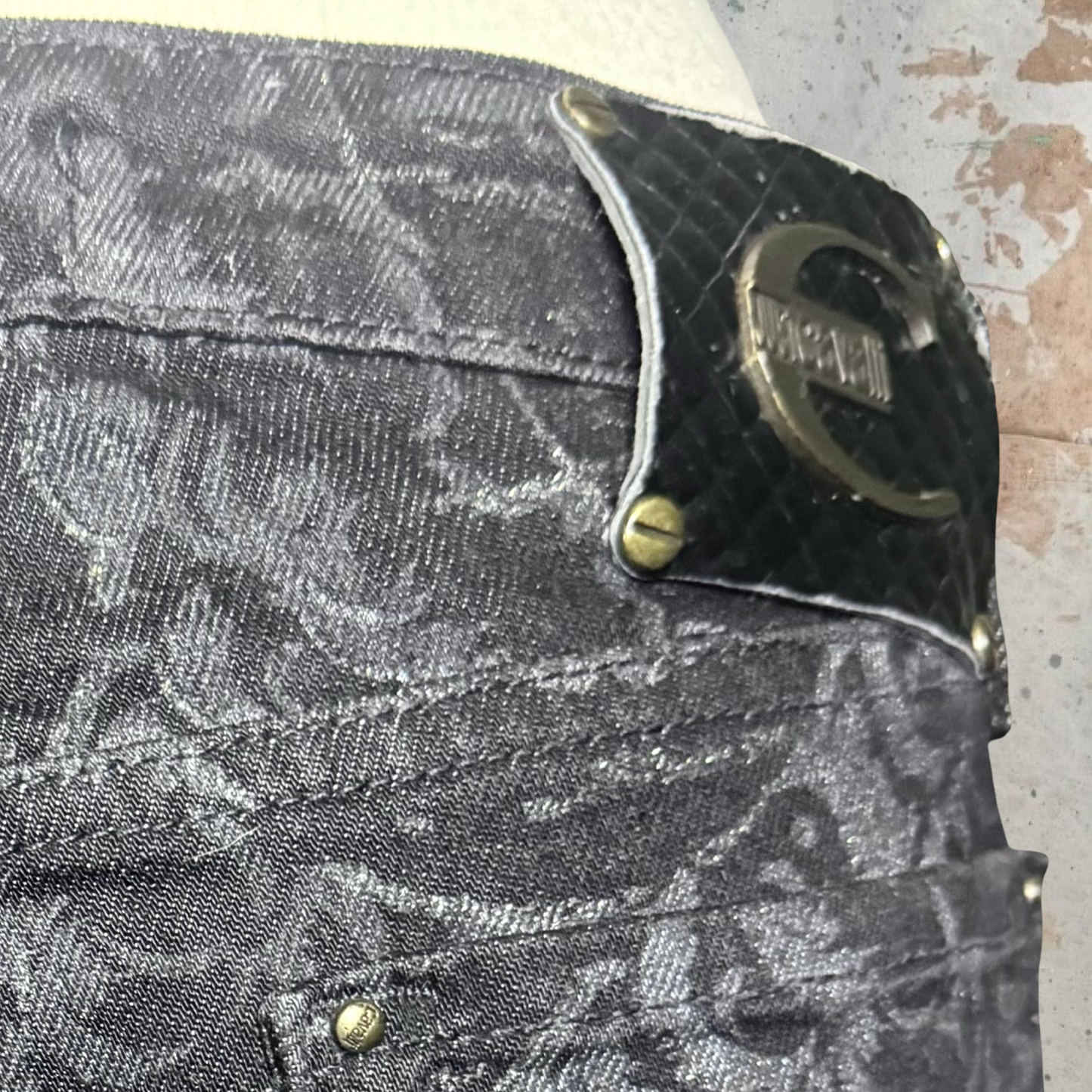ROBERTO CAVALLI JUST CAVALLI BLACK GLITTER GRAPE ALL OVER PRINTED JEANS