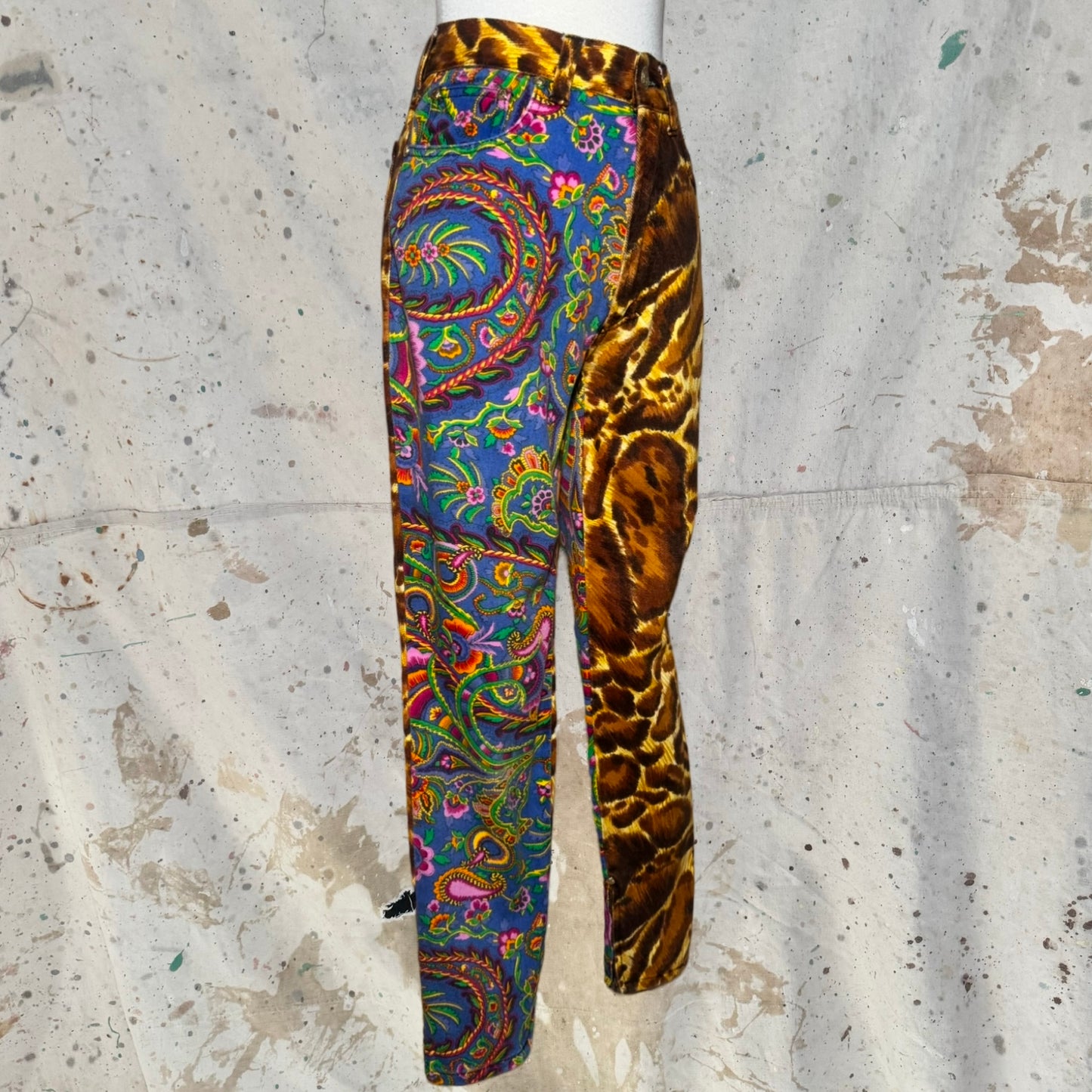 1994 VERSACE JEANS COUTURE LEOPARD PAISLEY BROCADE HIGH WAISTED PANTS