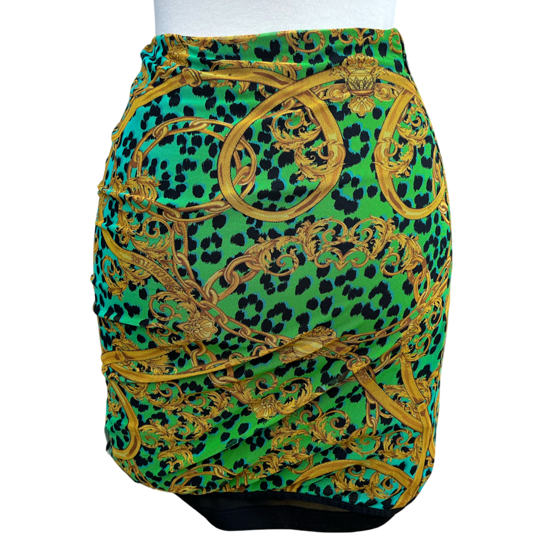 VERSACE JEANS COUTURE MESH DOUBLE LAYER LEOPARD CHAIN PRINT SKIRT