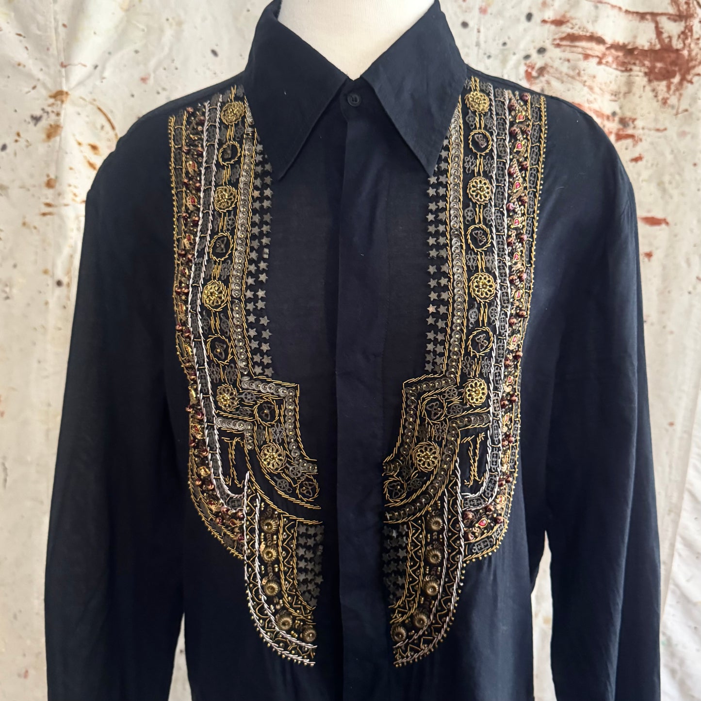 2000s ROBERTO CAVALLI MENS BEADED EMBROIDERED BUTTON UP COLLARED SHIRT 52