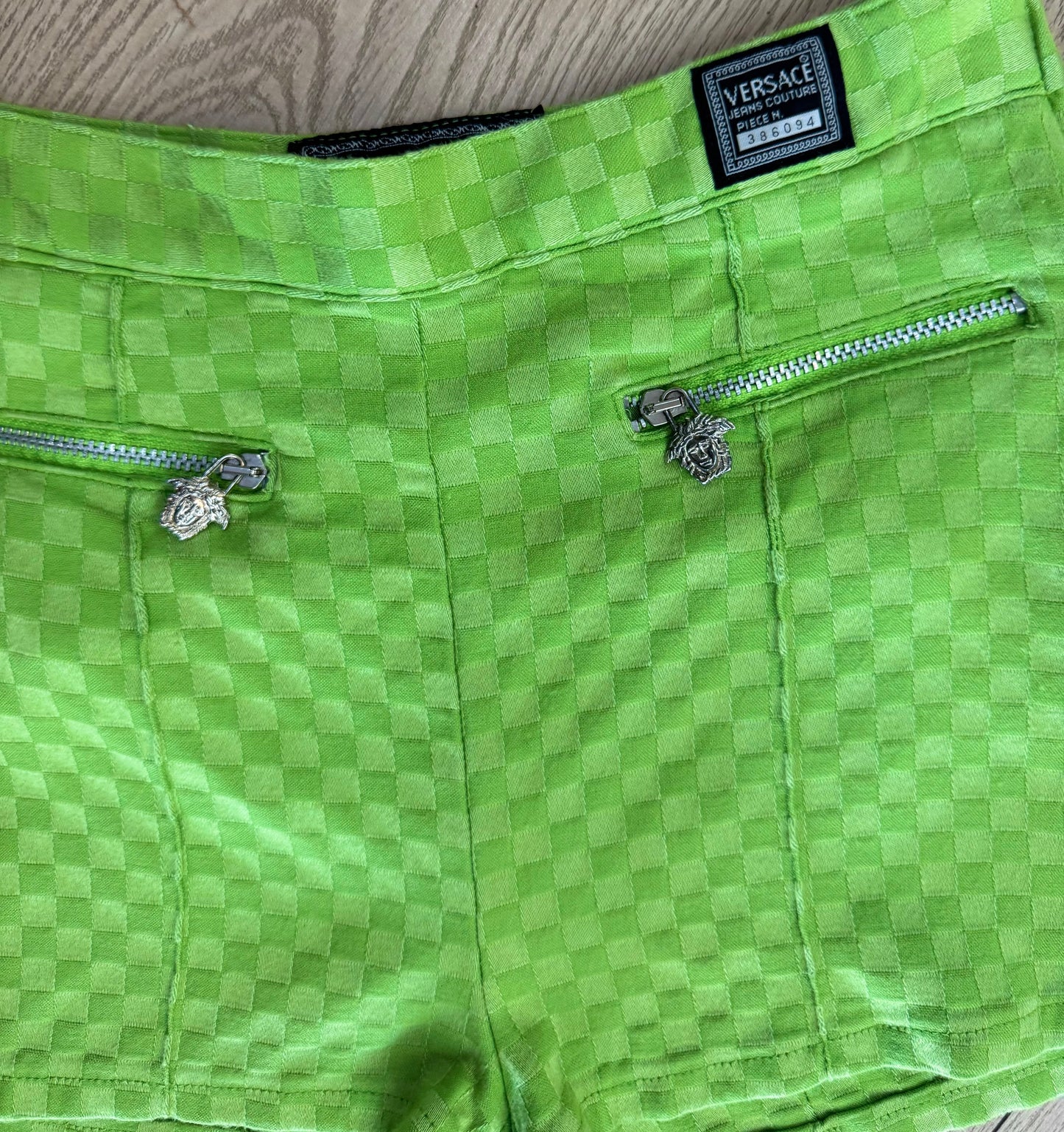 1990s VERSACE LIME GREEN CHECKERBOARD MEDUSA ZIP HIGH WAISTED HOT SHORTS