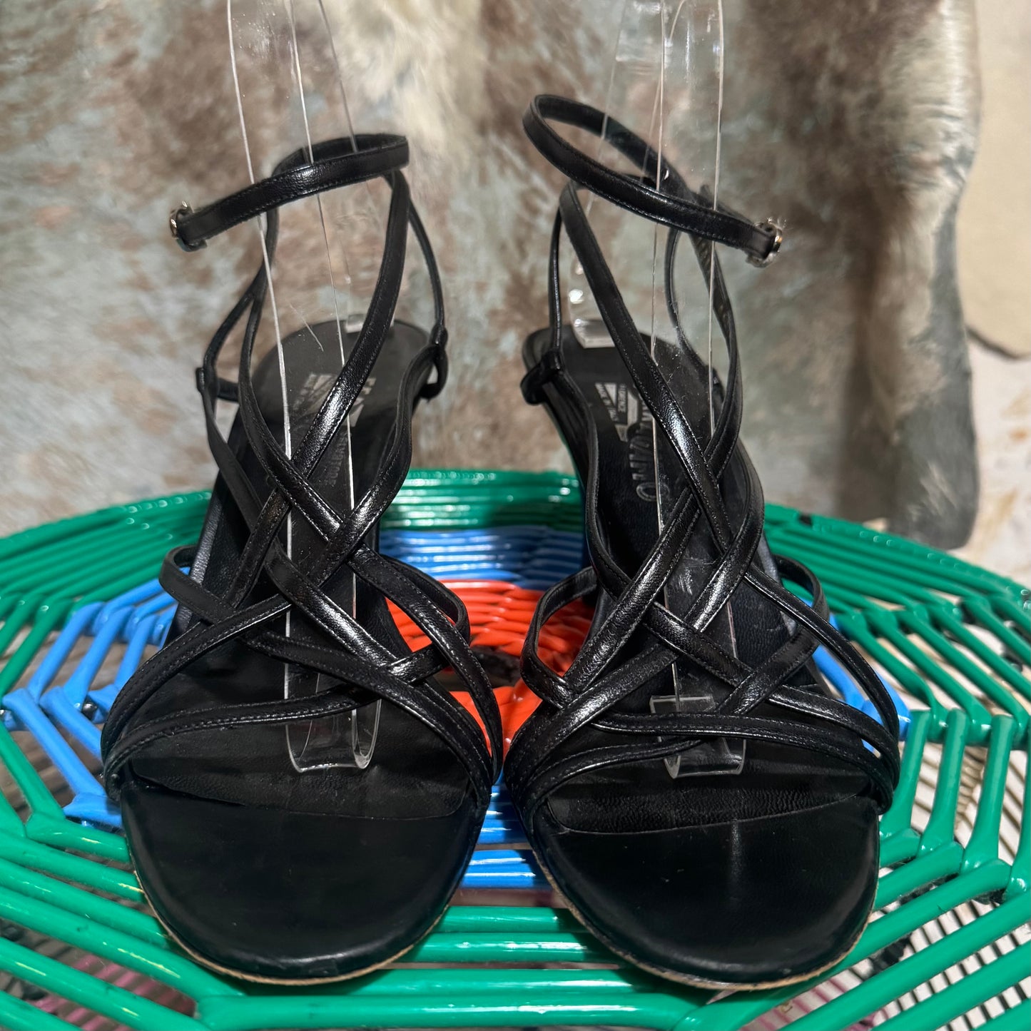 SALVATORE FERRAGAMO STRAPPY BLACK OPEN TOE SLINGBACK HEEL SANDALS 8.5