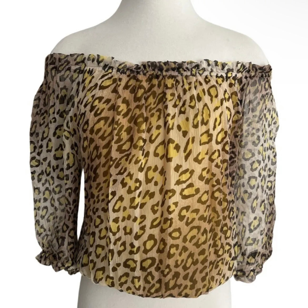 2000S BLUGIRL BLUMARINE OFF THE SHOULDER LEOPARD SILK TOP