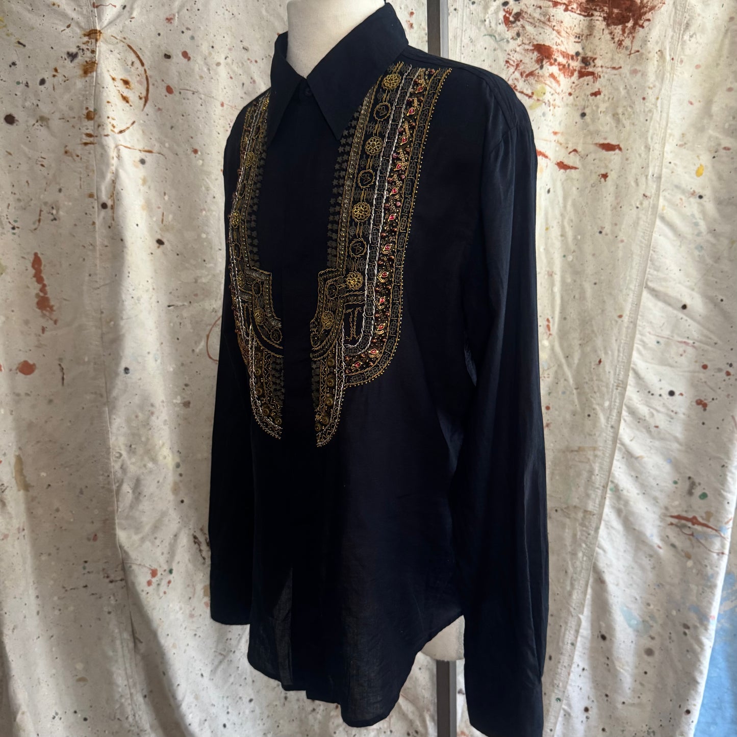 2000s ROBERTO CAVALLI MENS BEADED EMBROIDERED BUTTON UP COLLARED SHIRT 52