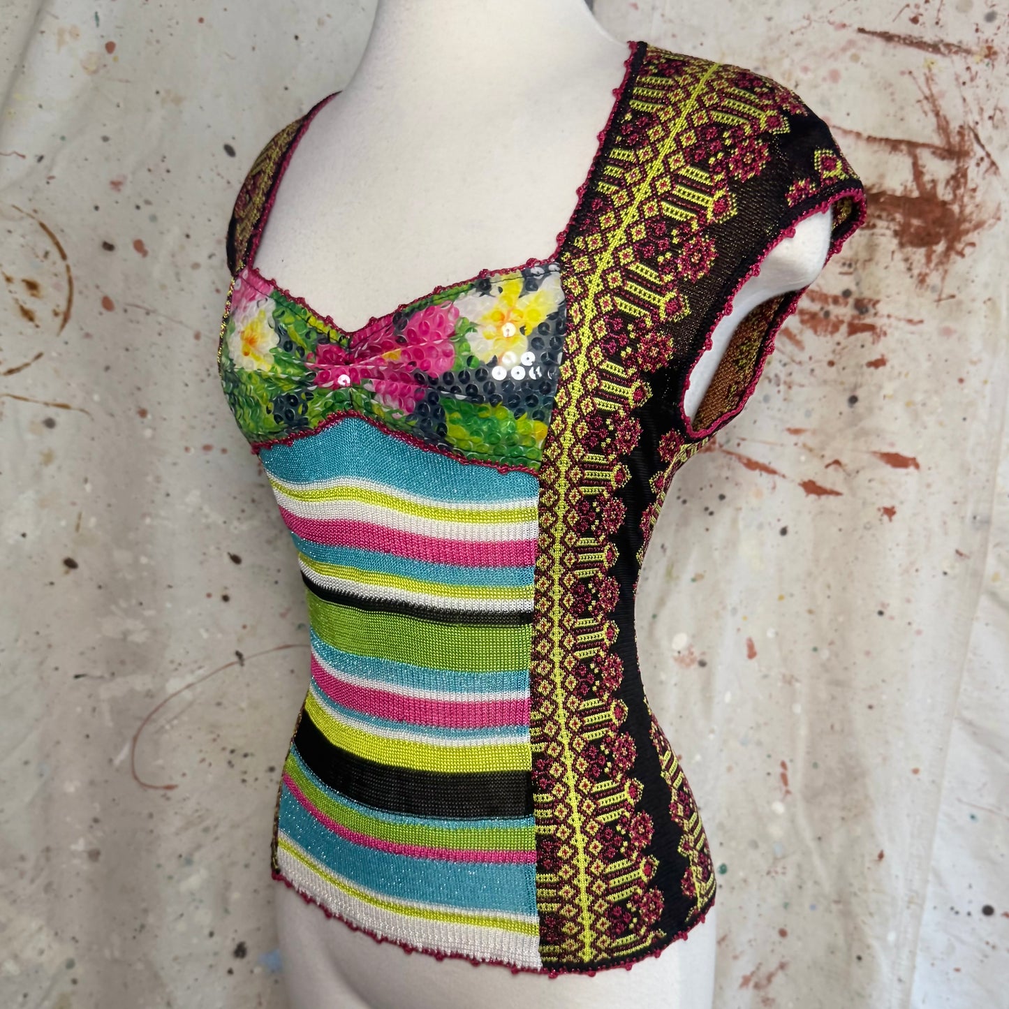 1990s CHRISTIAN LACROIX MULTICOLOR STRIPE SEQUIN KNIT TOP