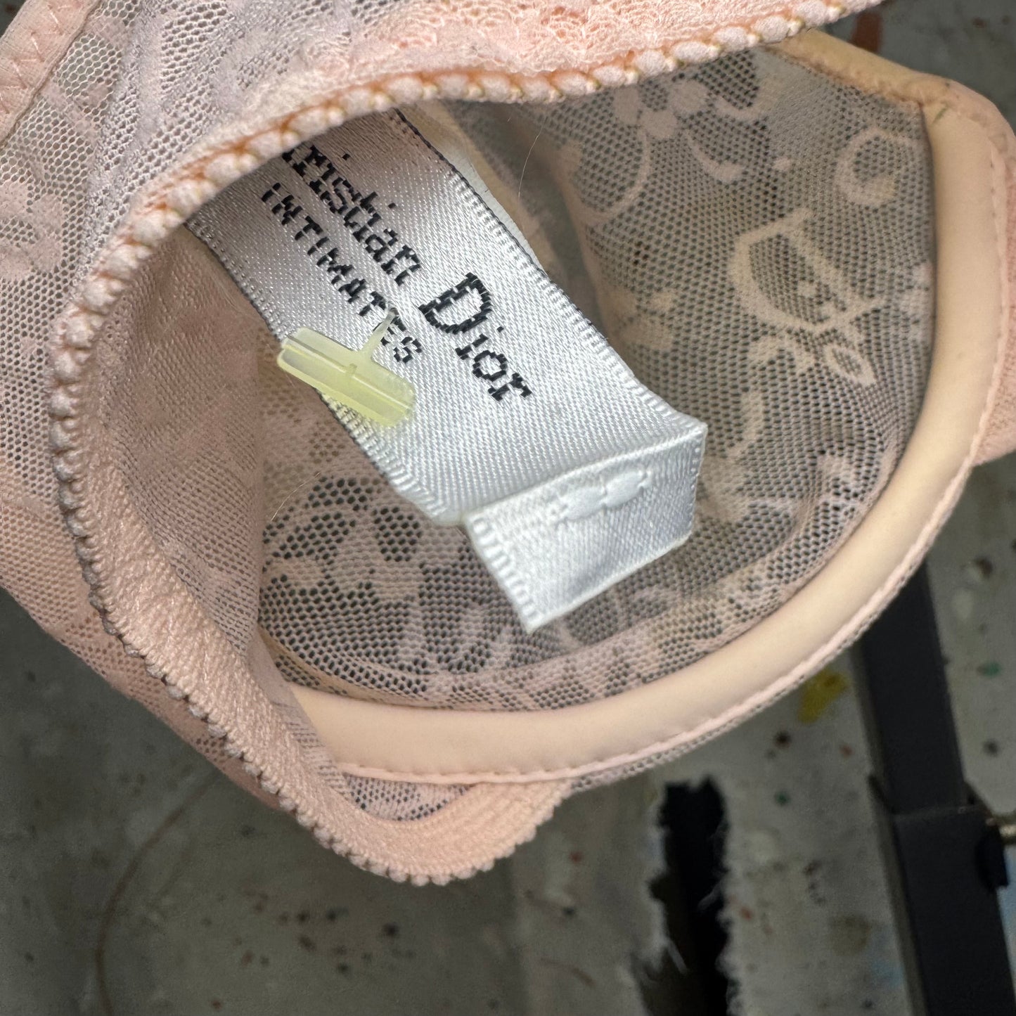 1980s CHRISTIAN DIOR INTIMATES PINK MESH LOGO FLORAL BRA DEADSTOCK