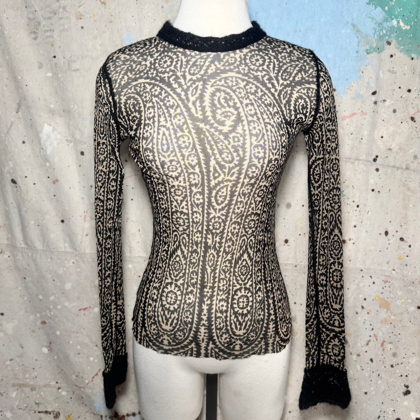 1990's Jean Paul Gaultier Mesh Mohair Long Sleeve Paisley Printed Top