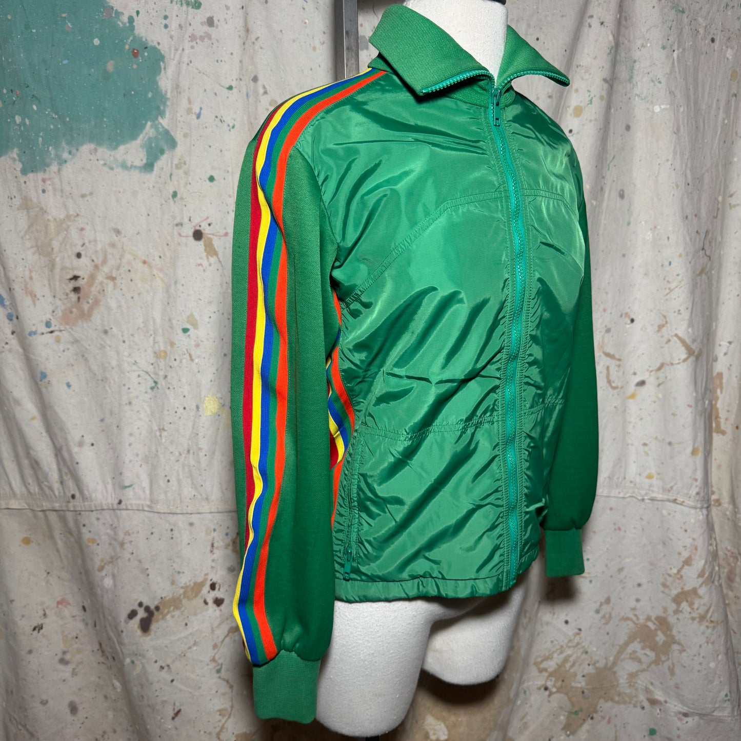 70s TOPHER MONTREAL RAINBOW STRIPE GREEN ZIP SKI TRACK JACKET