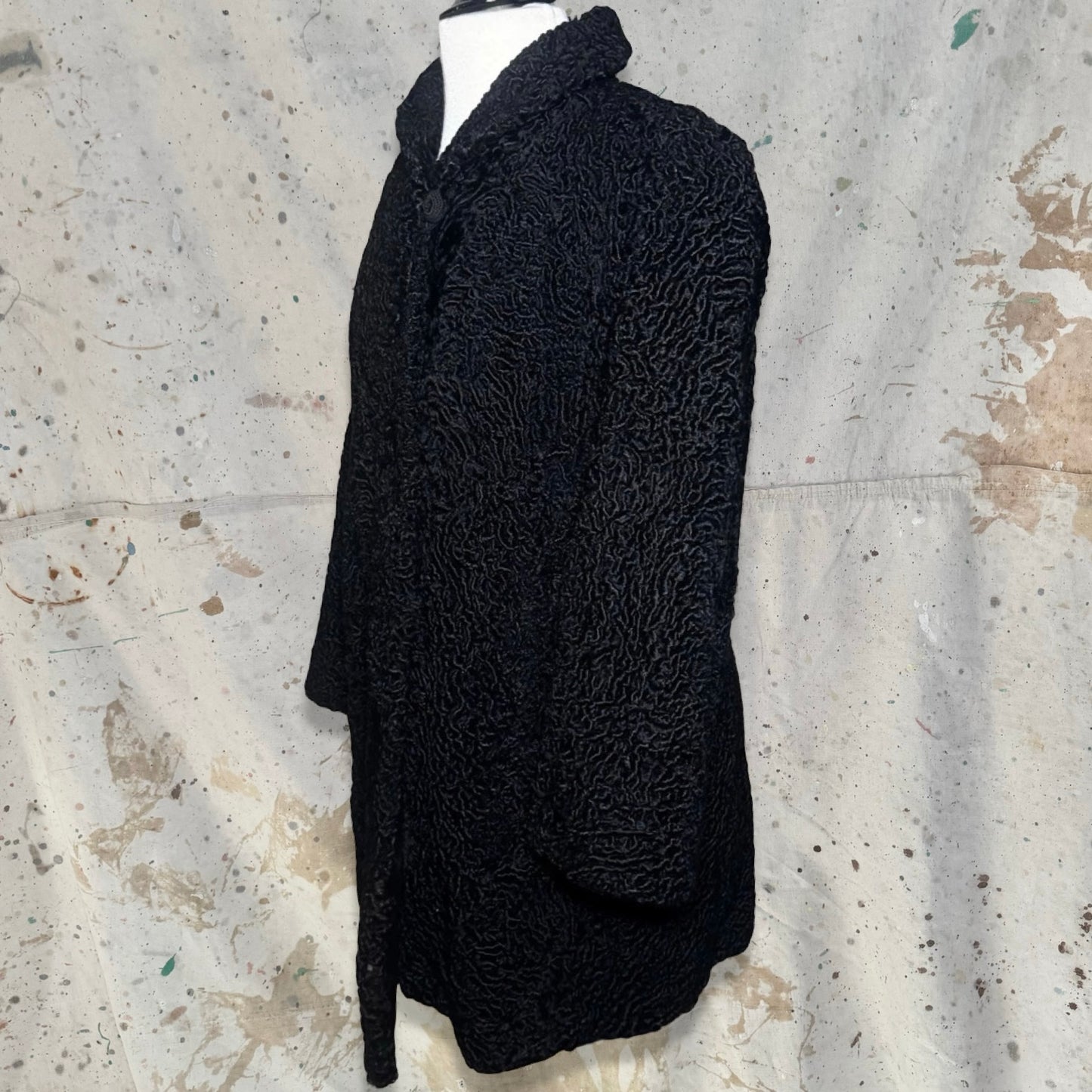 1950s BLACK PERSIAN LAMB FUR C JORGENSEN PASADENA SWING COAT