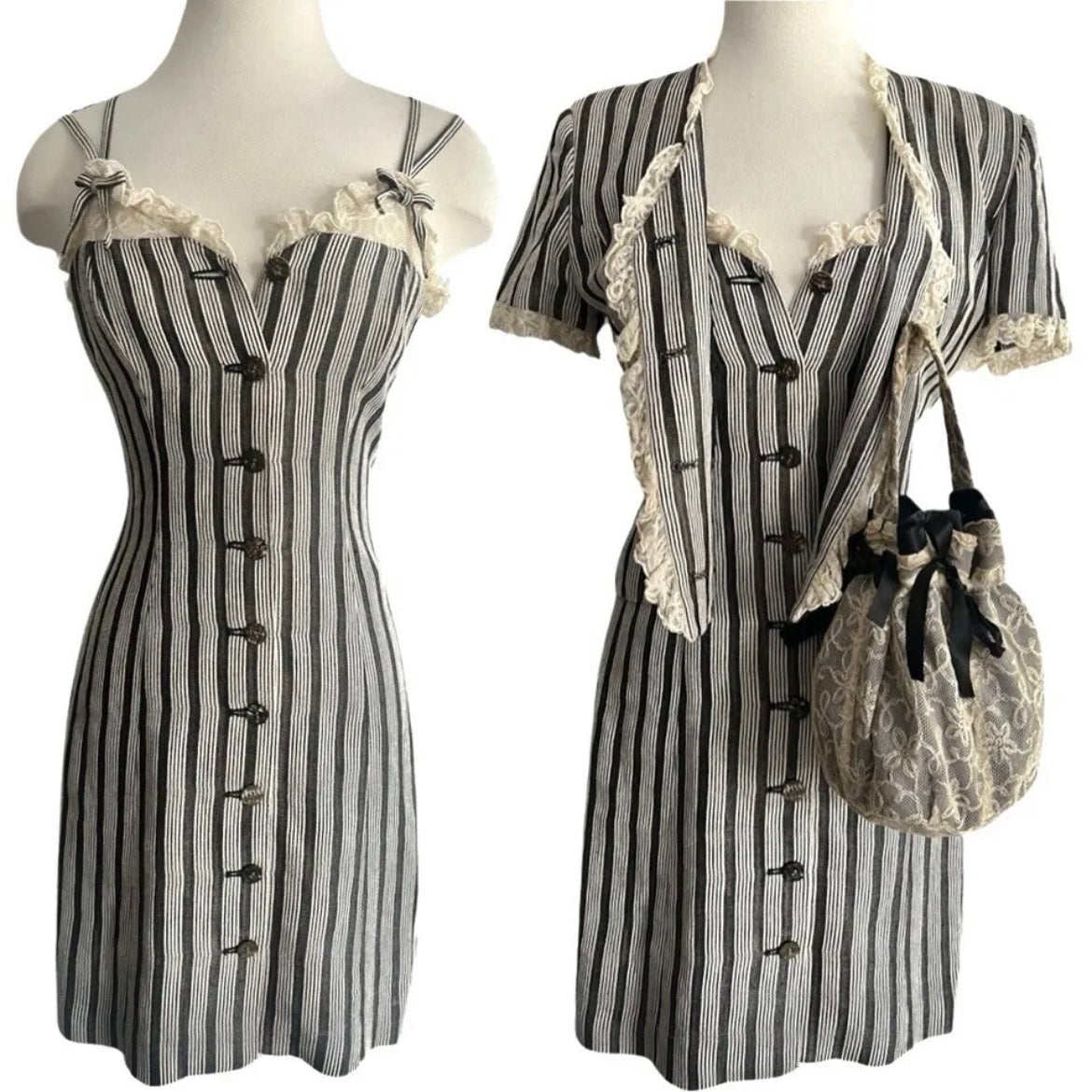 90S SUITE CHANTAL THOMASS STRIPE LACE 3 PIECE DRESS JACKET AND BAG