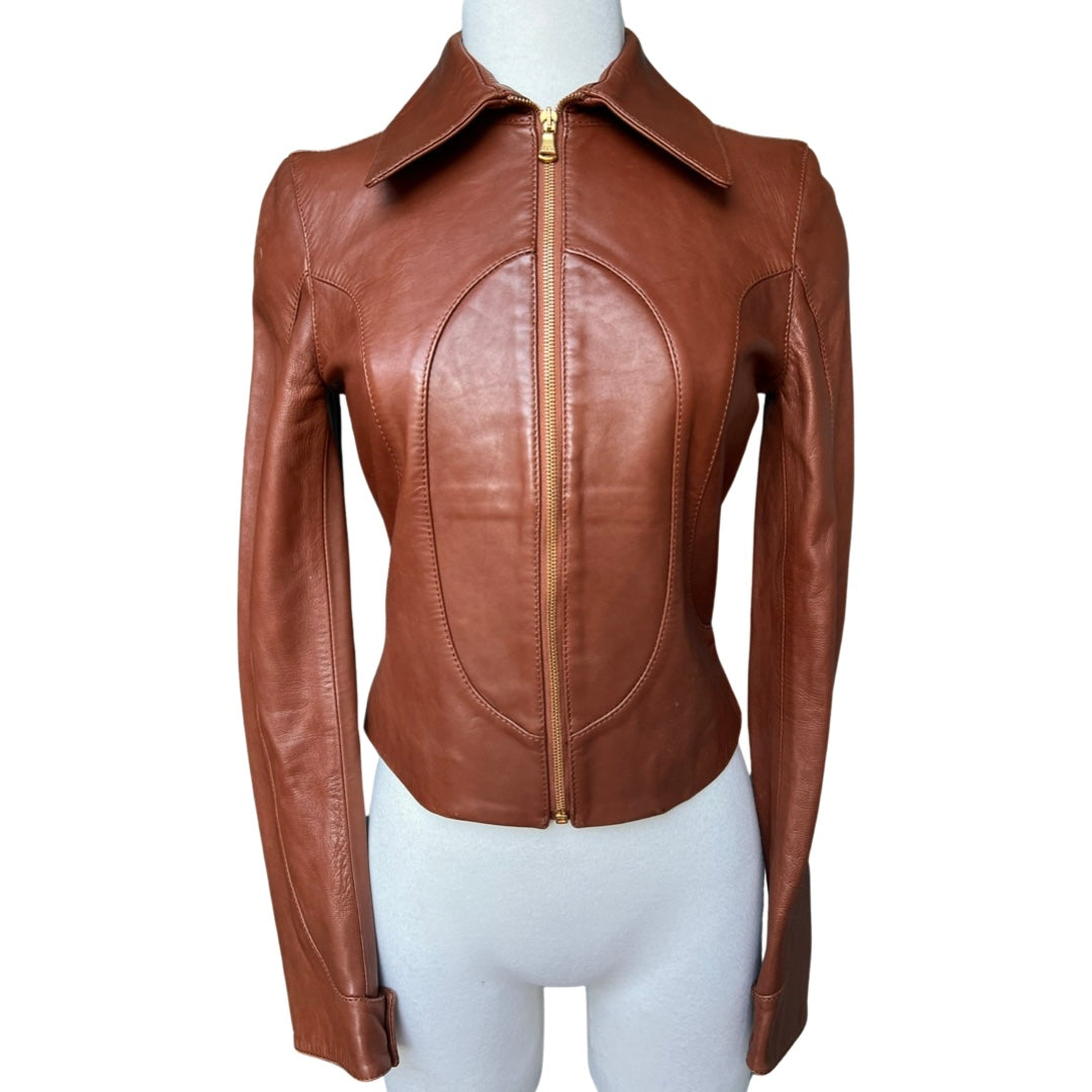 DOLCE & GABBANA BROWN BACK BUCKLE LEATHER JACKET