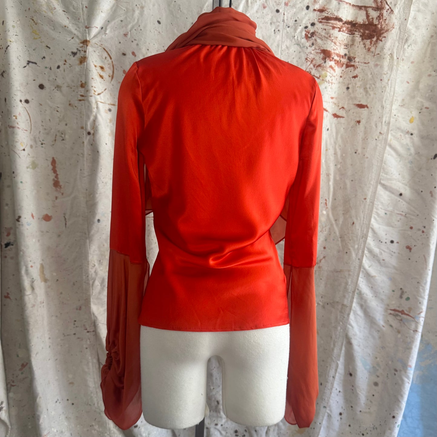 2006 RED/ORANGE ROBERTO CAVALLI SILK PUFF SLEEVE BUTTON DOWN TIE TOP