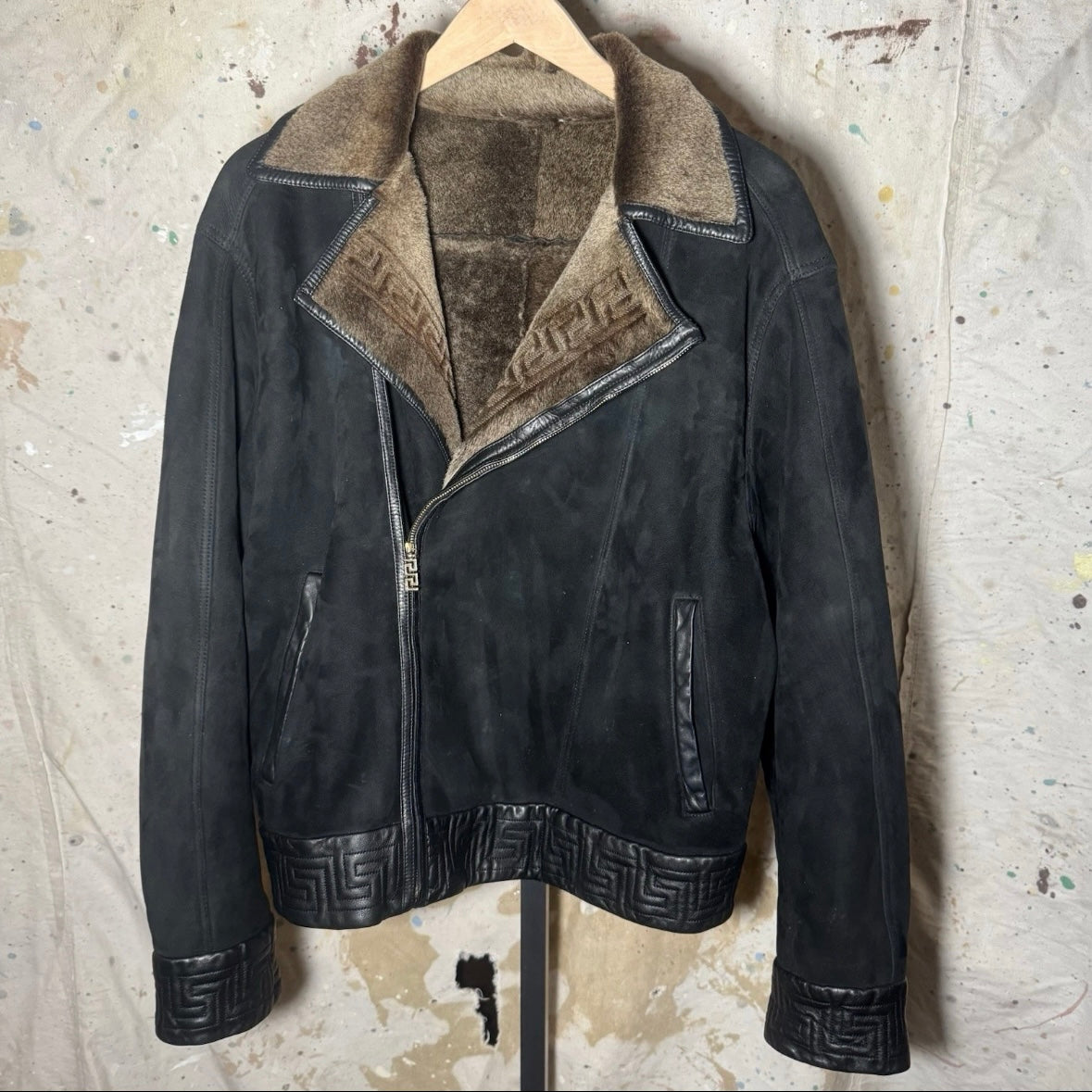F/W 2001 RUNWAY GIANNI VERSACE SHEARLING GRECA ACCENT FUR LEATHER BIKER JACKET