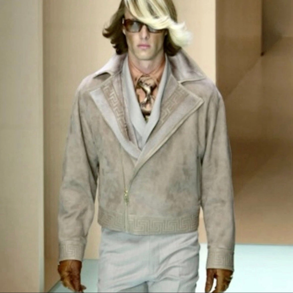 F/W 2001 RUNWAY GIANNI VERSACE SHEARLING GRECA ACCENT FUR LEATHER BIKER JACKET