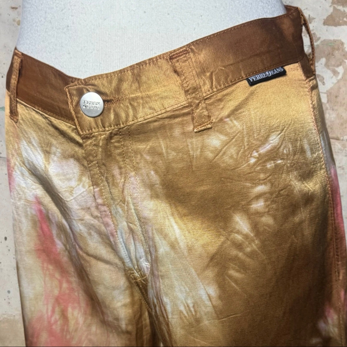 90s GIANFRANCO FERRE SATIN ORANGE TIE DYE BOOTCUT PANTS 27