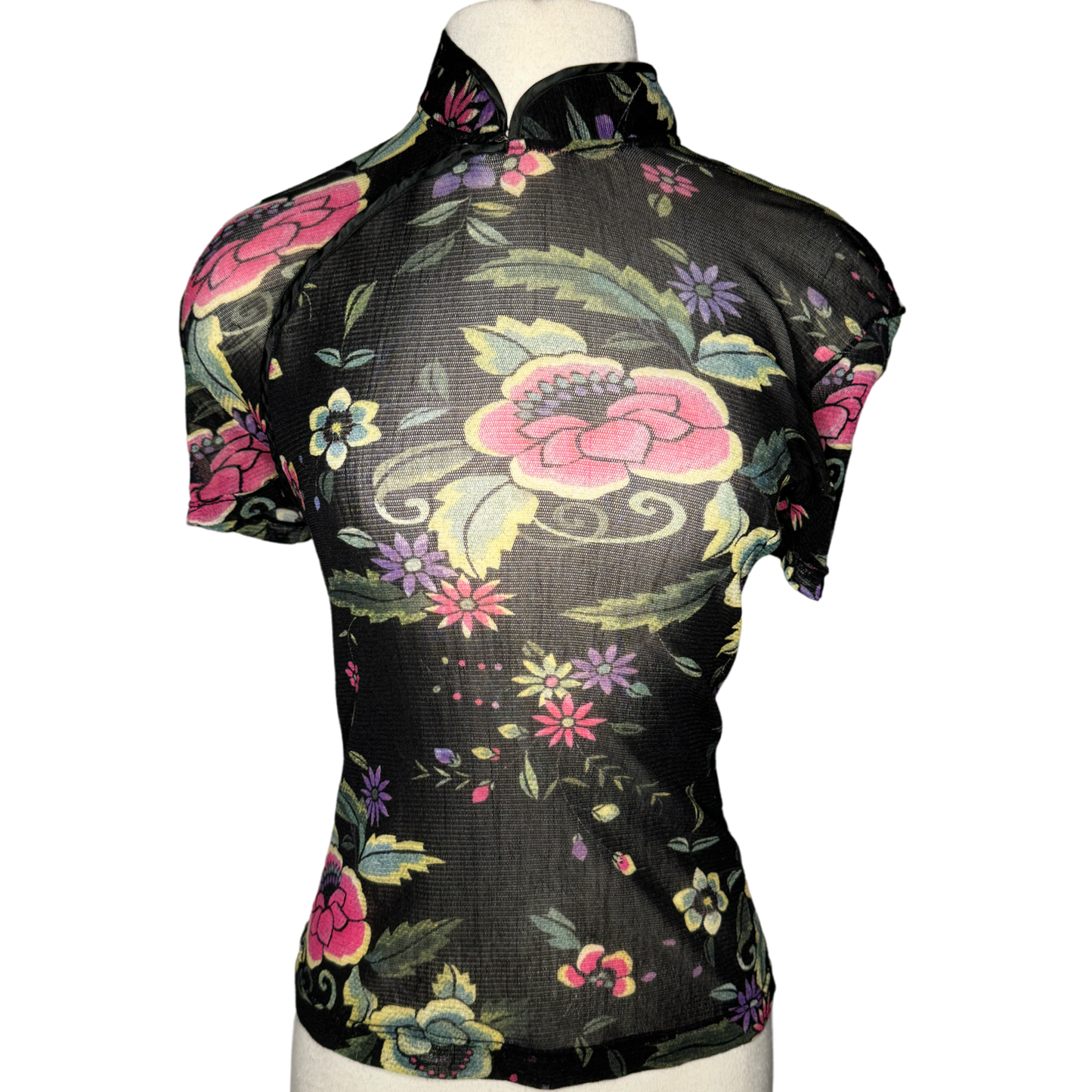 90s VIVIENNE TAM MESH CHEONGSAM STYLE BLACK PINK FLORAL TOP