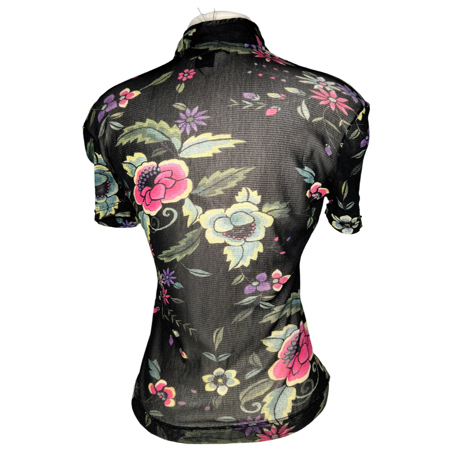 90s VIVIENNE TAM MESH CHEONGSAM STYLE BLACK PINK FLORAL TOP