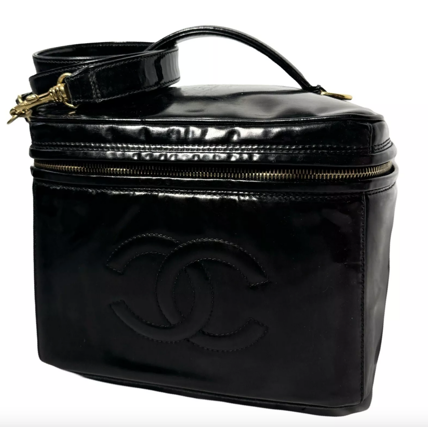 CHANEL 1996 BLACK PATENT VANITY TRAIN CASE VINTAGE