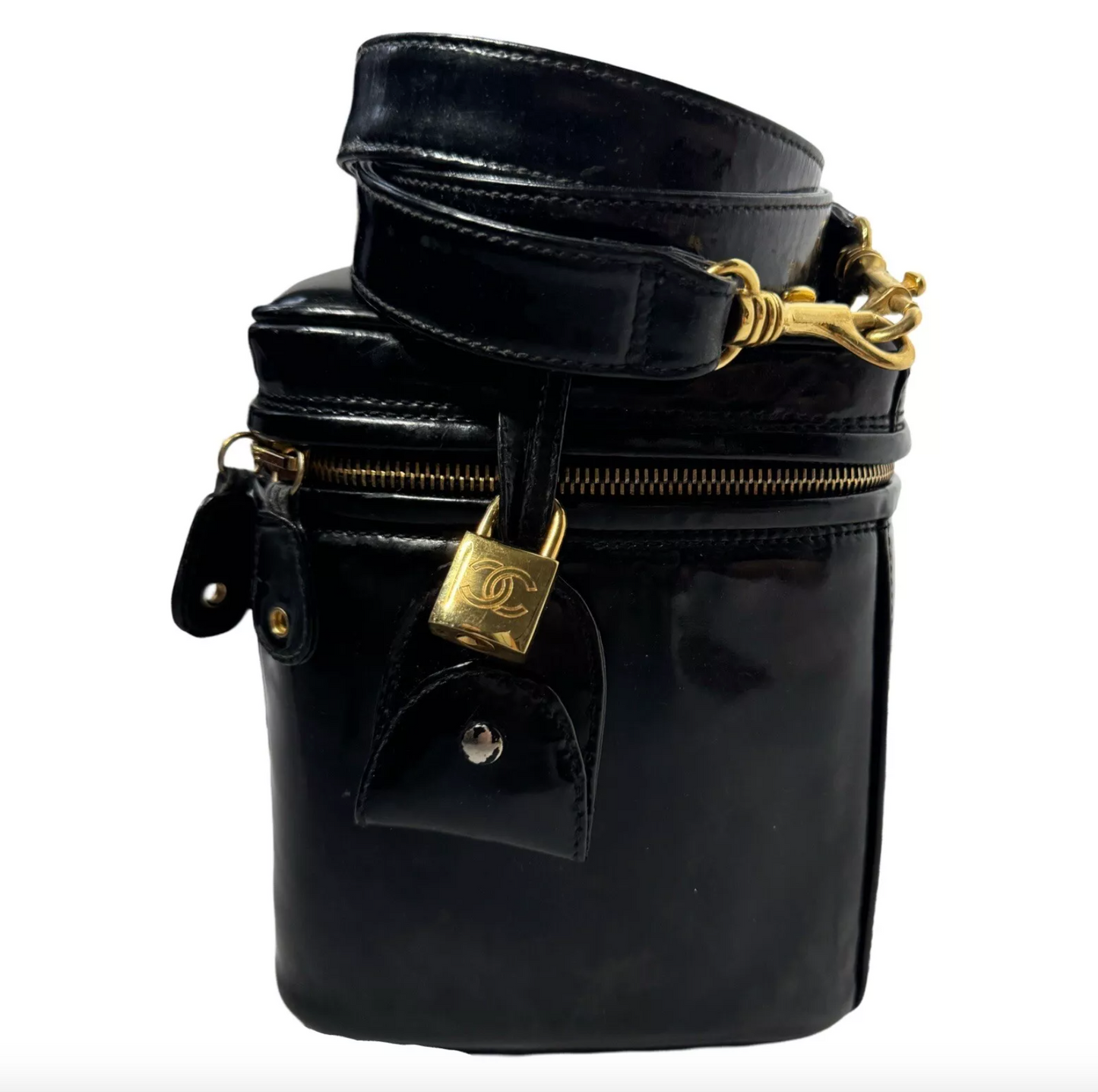 CHANEL 1996 BLACK PATENT VANITY TRAIN CASE VINTAGE
