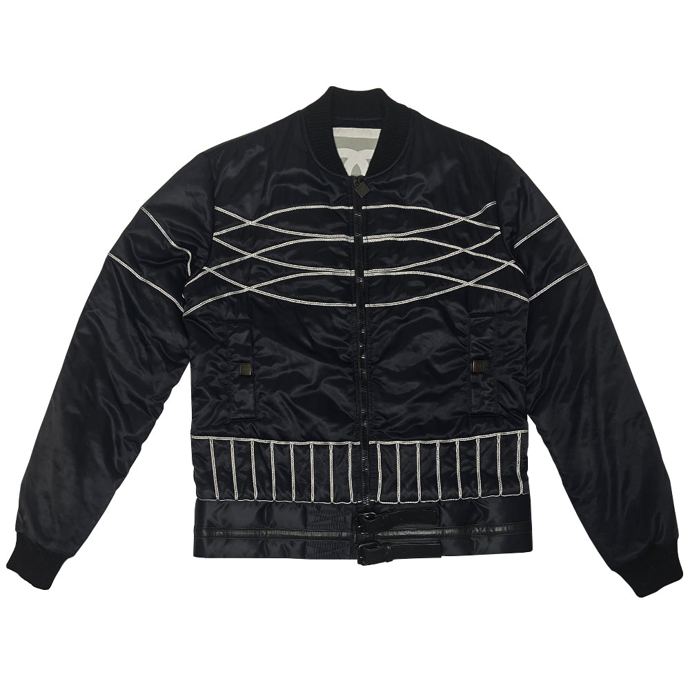 Chanel CC logo long sleeve black satin zip jacket by Karl Lagerfeld for Chanel, AW 2006 with side pockets, rib knit collar and cuffs, lamb leather accent, front zip, 2 buckle closure. CC engraved padlock zipper pull. White appliqué cording accents on front, back and sleeve with embroidered CC box logo, CHANEL in back, metal D-ring. Made in Italy