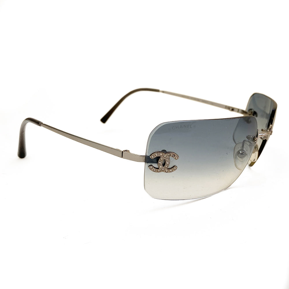 Chanel Rimless Gradient Blue Lens Crystal CC Logo Sunglasses