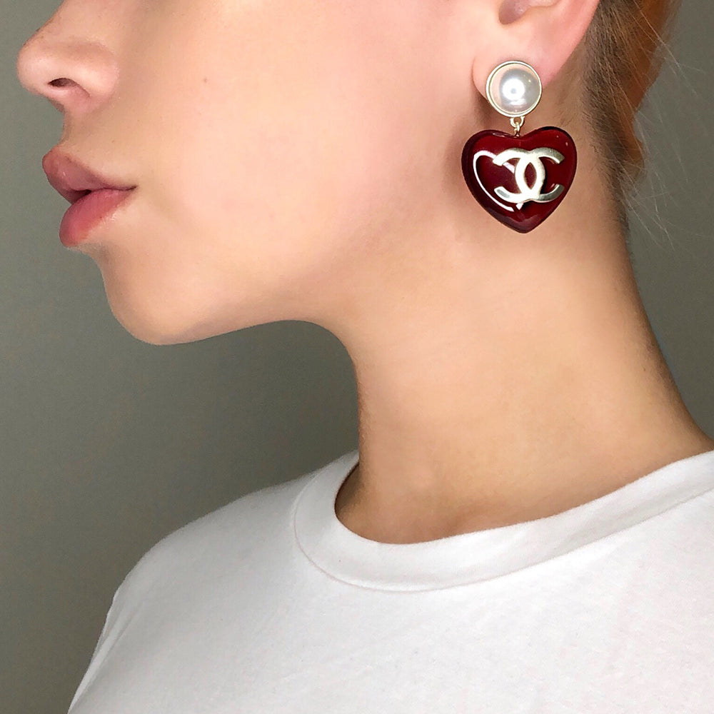 Chanel Heart CC Drop Earrings - Red