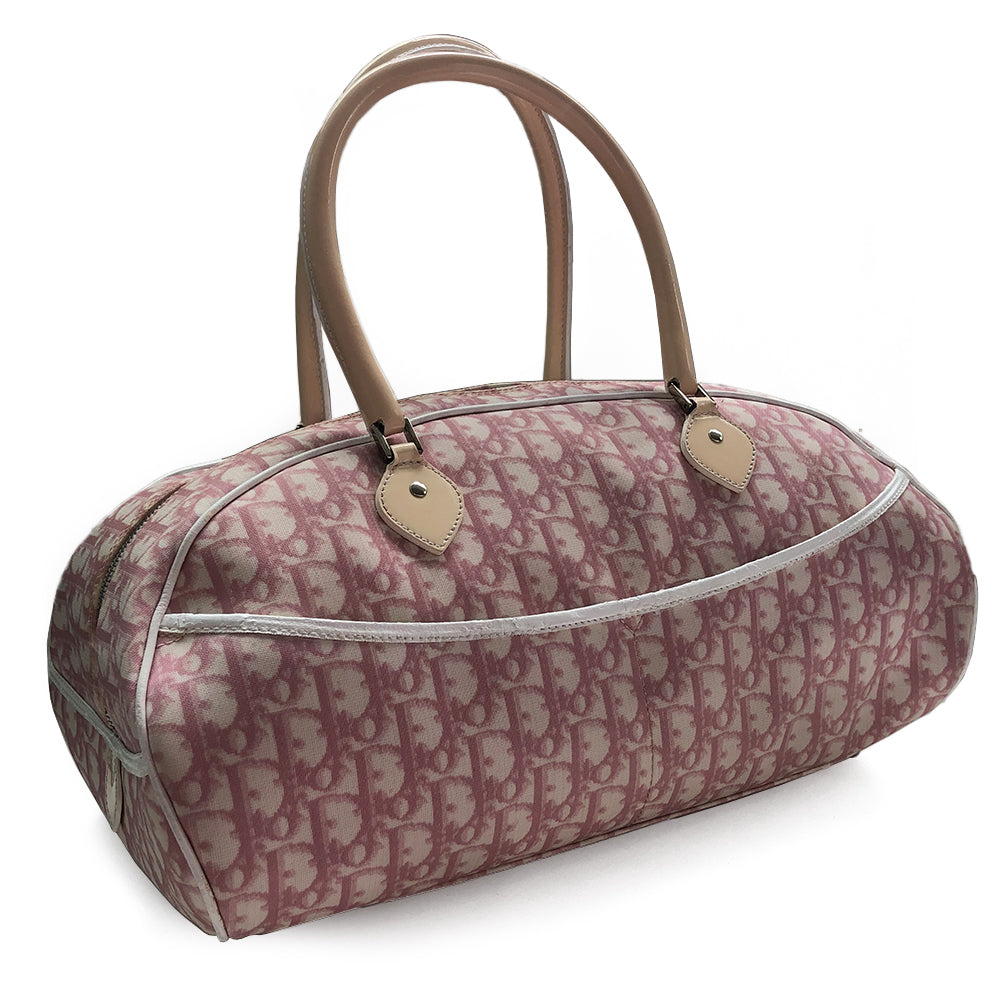 Christian Dior large tote by John Galliano, 2004. Pink monogram canvas with white leather piping, nude patent leather accent trim and number 1 on front, 2 leather rolled handles