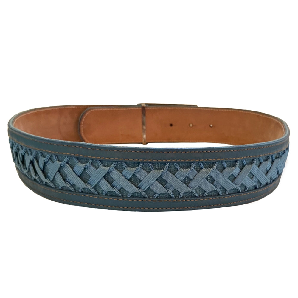 Christian Dior Admit It Denim Lace Up Belt from 2002 runway RTW Collection from John Galliano. Silver-tone rectangular logo buckle with hole adjustments, criss cross lace up detail with blue woven corset laces with silver aglet tipped ends Materials: Denim, Leather Color: Blue Made in France