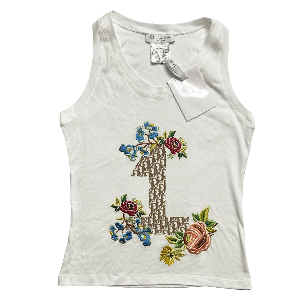 Christian Dior embroidered No 1 white sleeveless tee by John Galliano for Dior, summer 2005. Banded neck and arm holes with Diorissimo printed No 1 and colorful embroidered flowers, original tag attached. Made in France