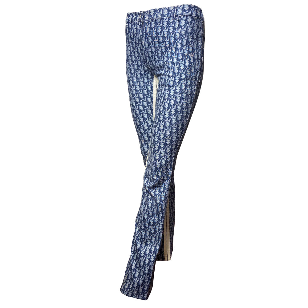 Christian Dior navy monogram 5 pocket flare pants John Galliano for Dior, spring 2002 with silver-tone logo top button, bottom flare Double white stripe accent along inner leg seams. Made in Portugal