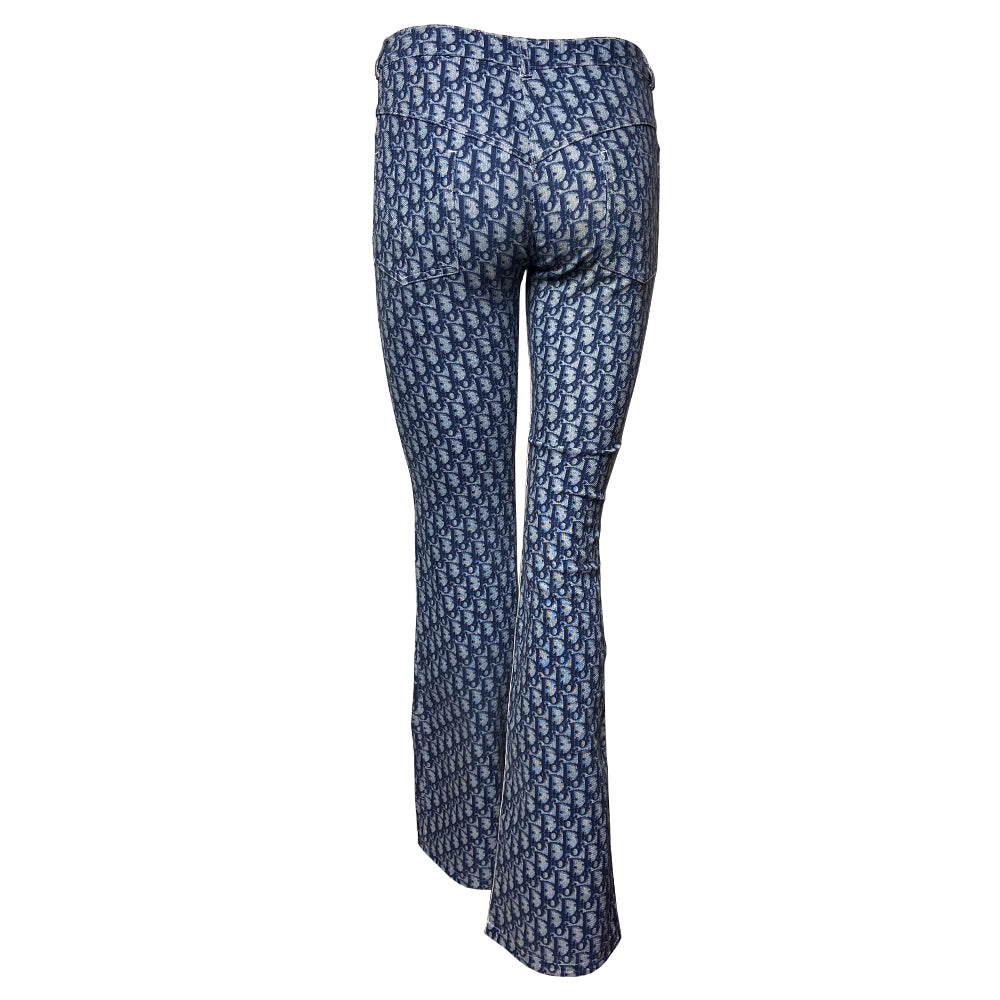 Christian Dior navy monogram 5 pocket flare pants John Galliano for Dior, spring 2002 with silver-tone logo top button, bottom flare Double white stripe accent along inner leg seams. Made in Portugal